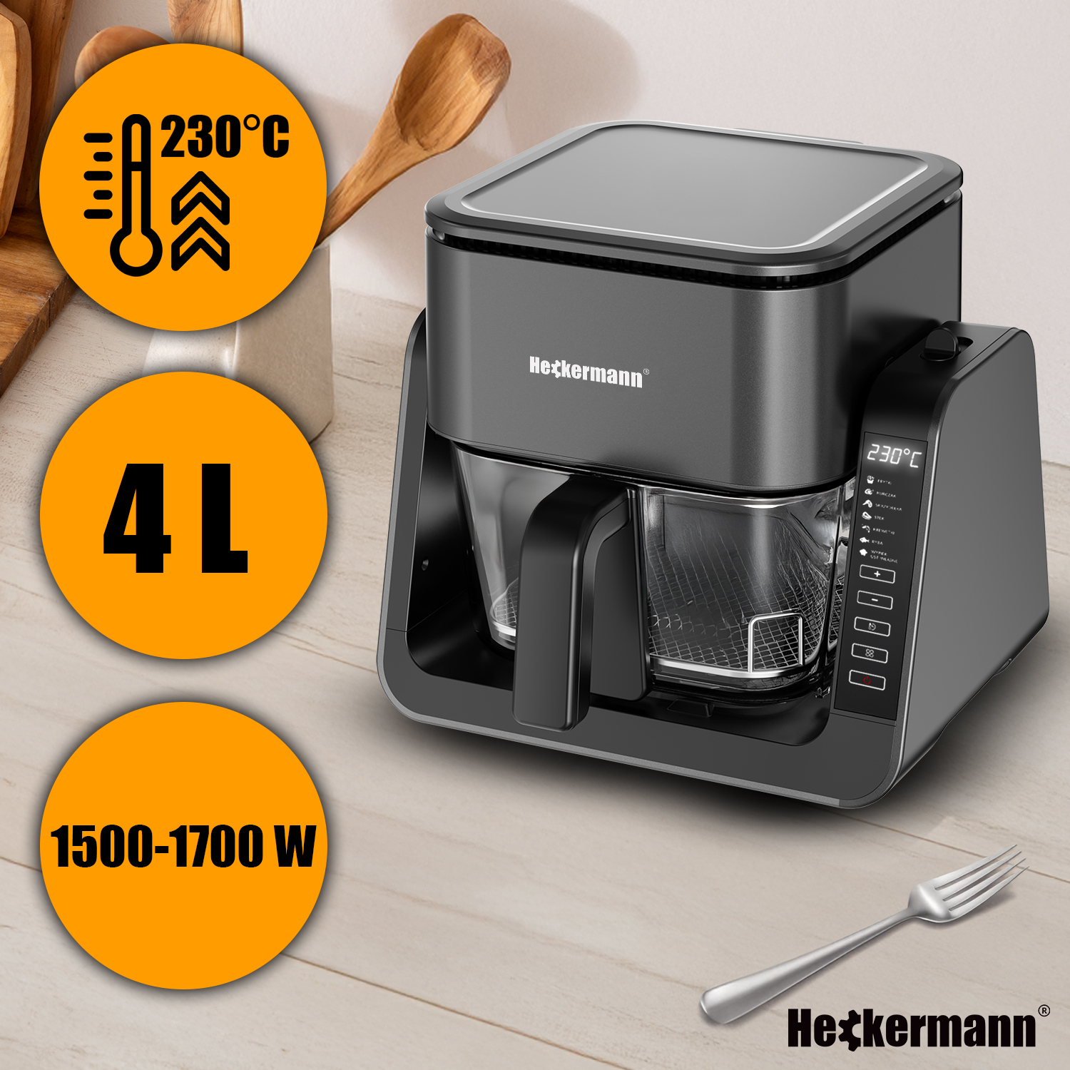 Frytkownica Heckermann: 4L, 230°C, 1500-1700W.