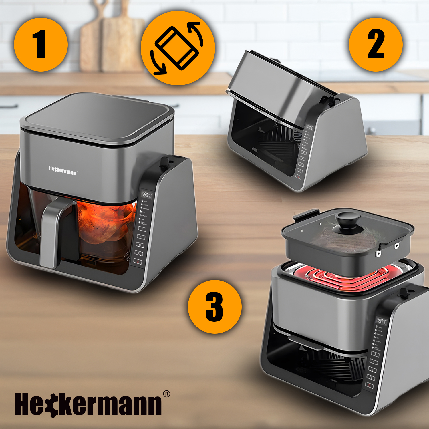 Urządzenie Heckermann w trzech odsłonach: gotowanie, otwarta pokrywa, z garnkiem.