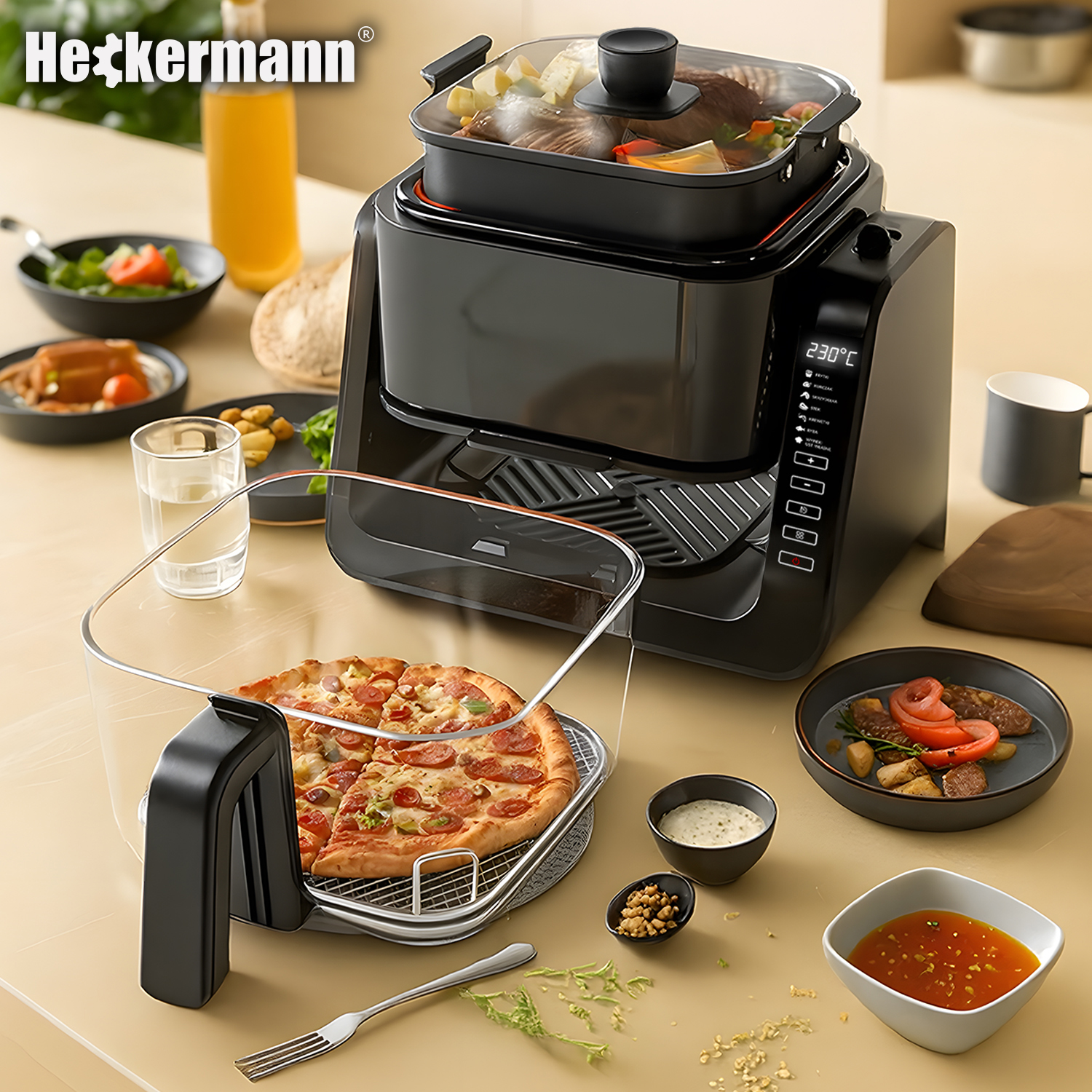 Czarna frytkownica beztłuszczowa z pizzą, mięsem i dodatkami na stole.