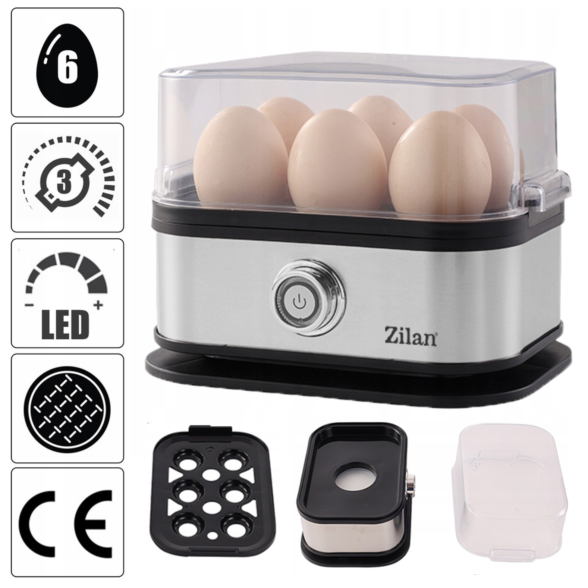 Stalowy szybkowar do jajek z przezroczystą pokrywą, sześcioma jajkami i akcesoriami.