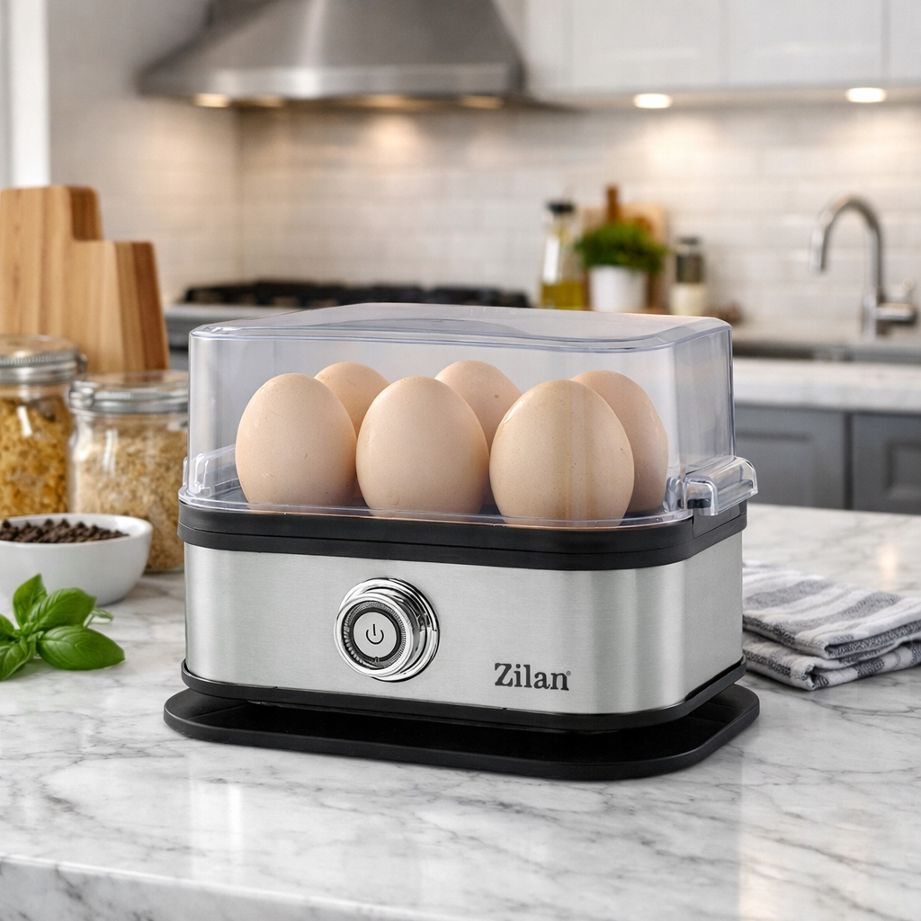 Srebrna maszynka do gotowania jajek z sześcioma jajkami pod przezroczystą pokrywą.