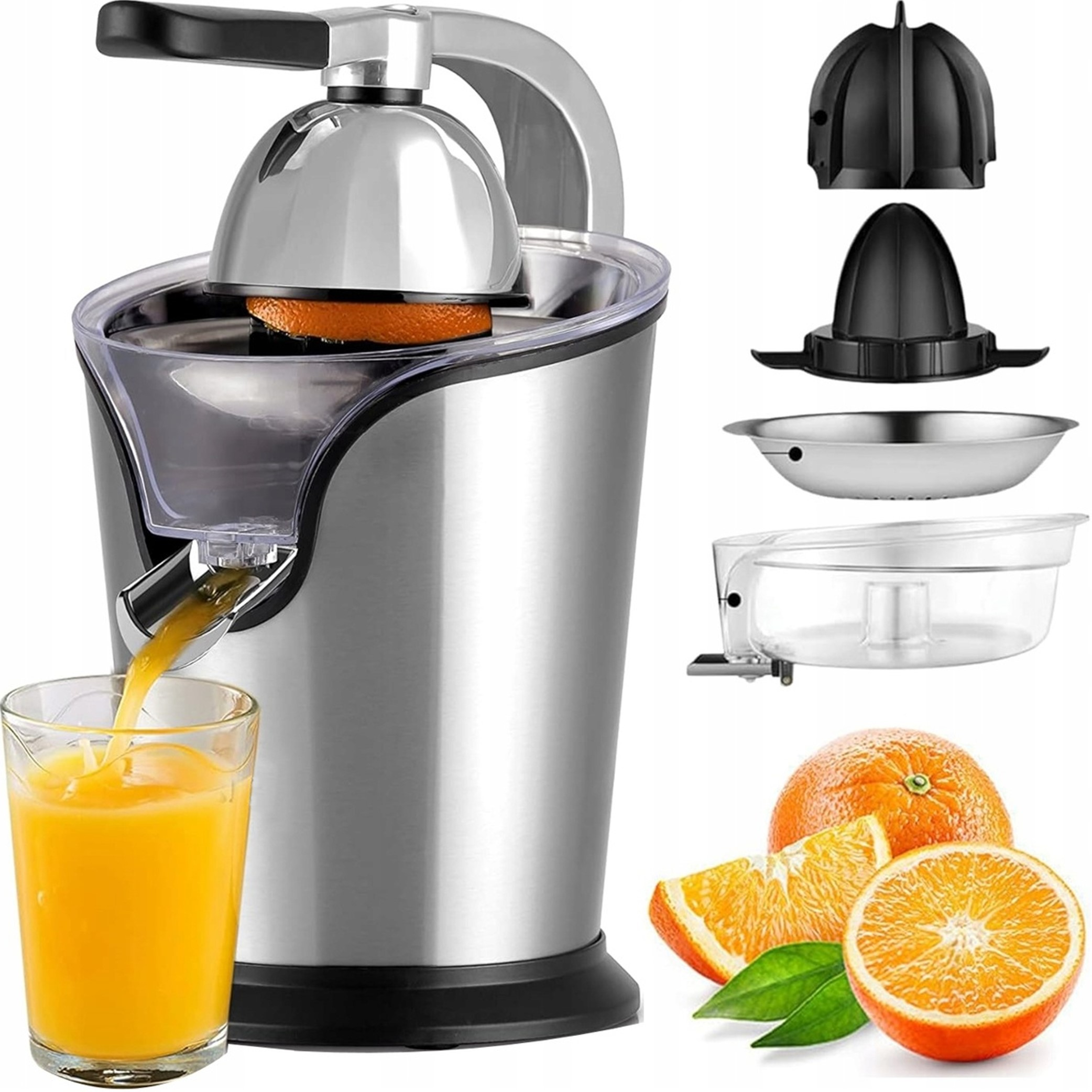 Elektryczna wyciskarka do cytrusów naciska na pomarańczę; sok płynie do szklanki.