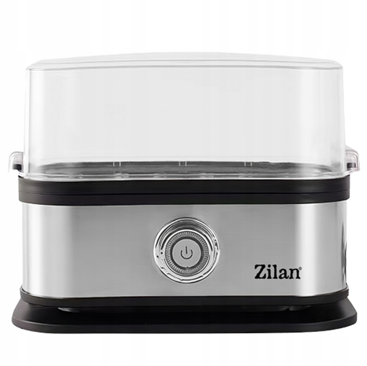 Srebrny parowar Zilan z przezroczystą pokrywką i przyciskiem zasilania.