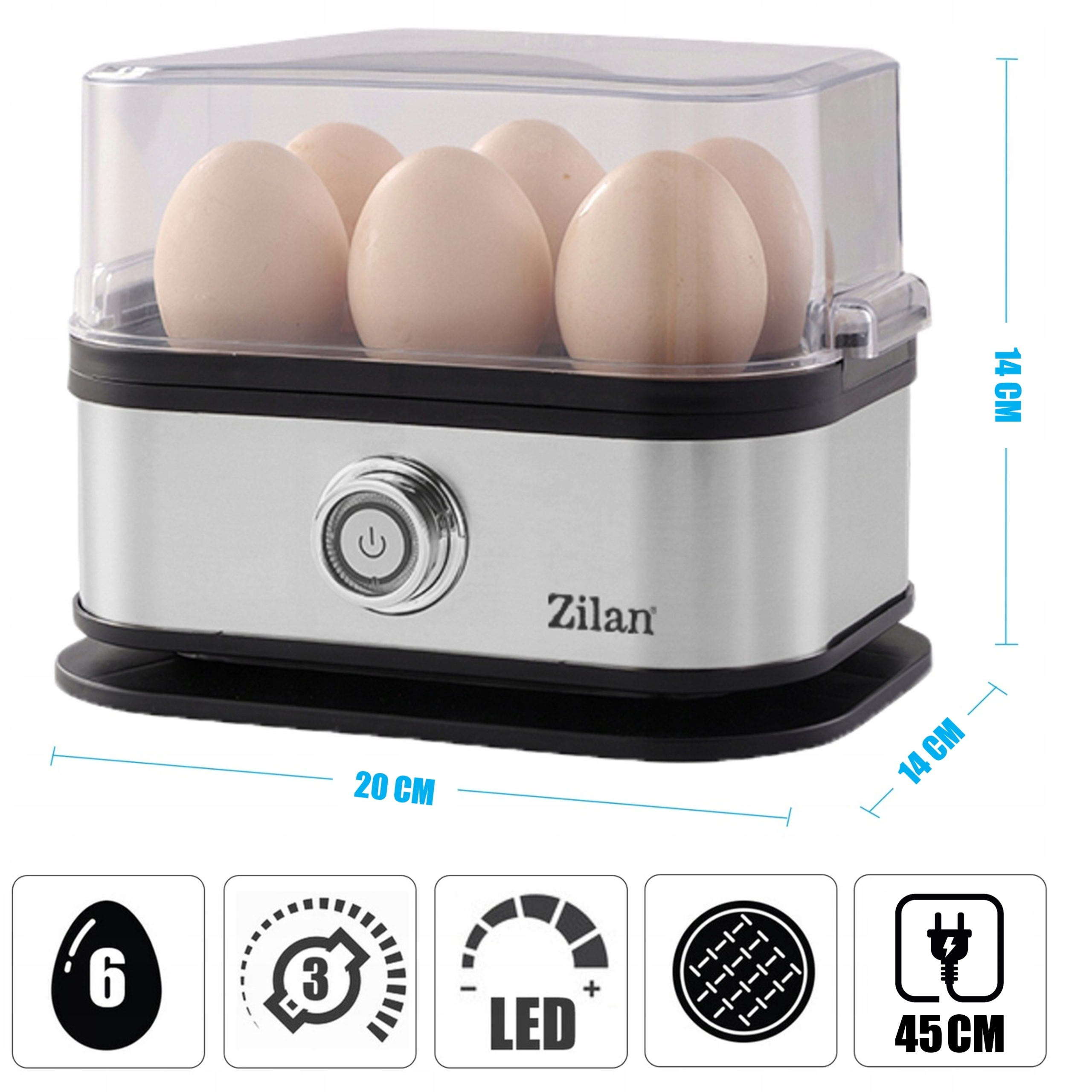 Srebrna maszynka do gotowania jajek z przezroczystą pokrywą, wypełniona jajkami.