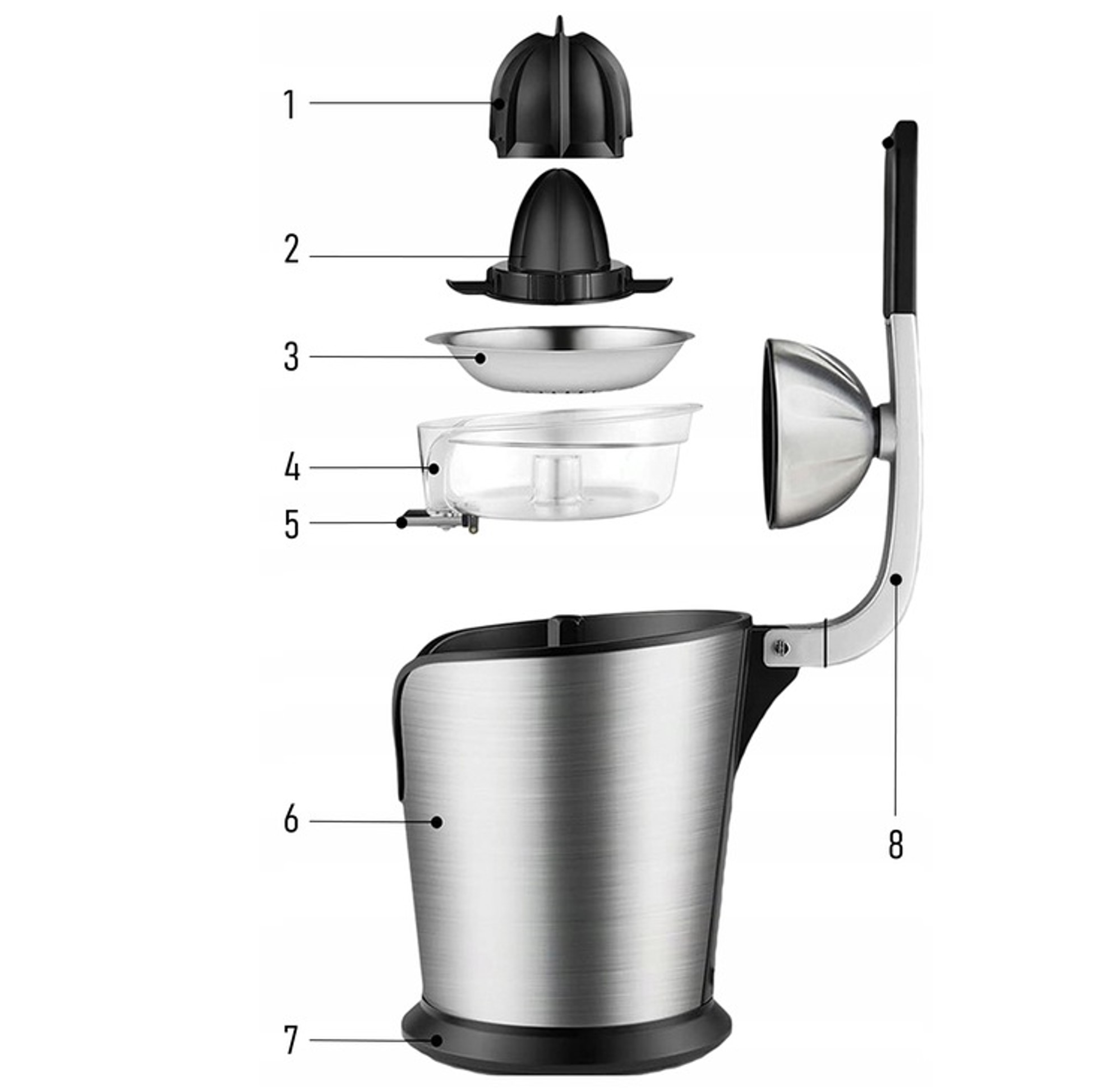 Rozłożone części wyciskarki do cytrusów: czarna pokrywa, stożek, metalowe sitko, przezroczysty pojemnik na sok, uchwyt, podstawa.