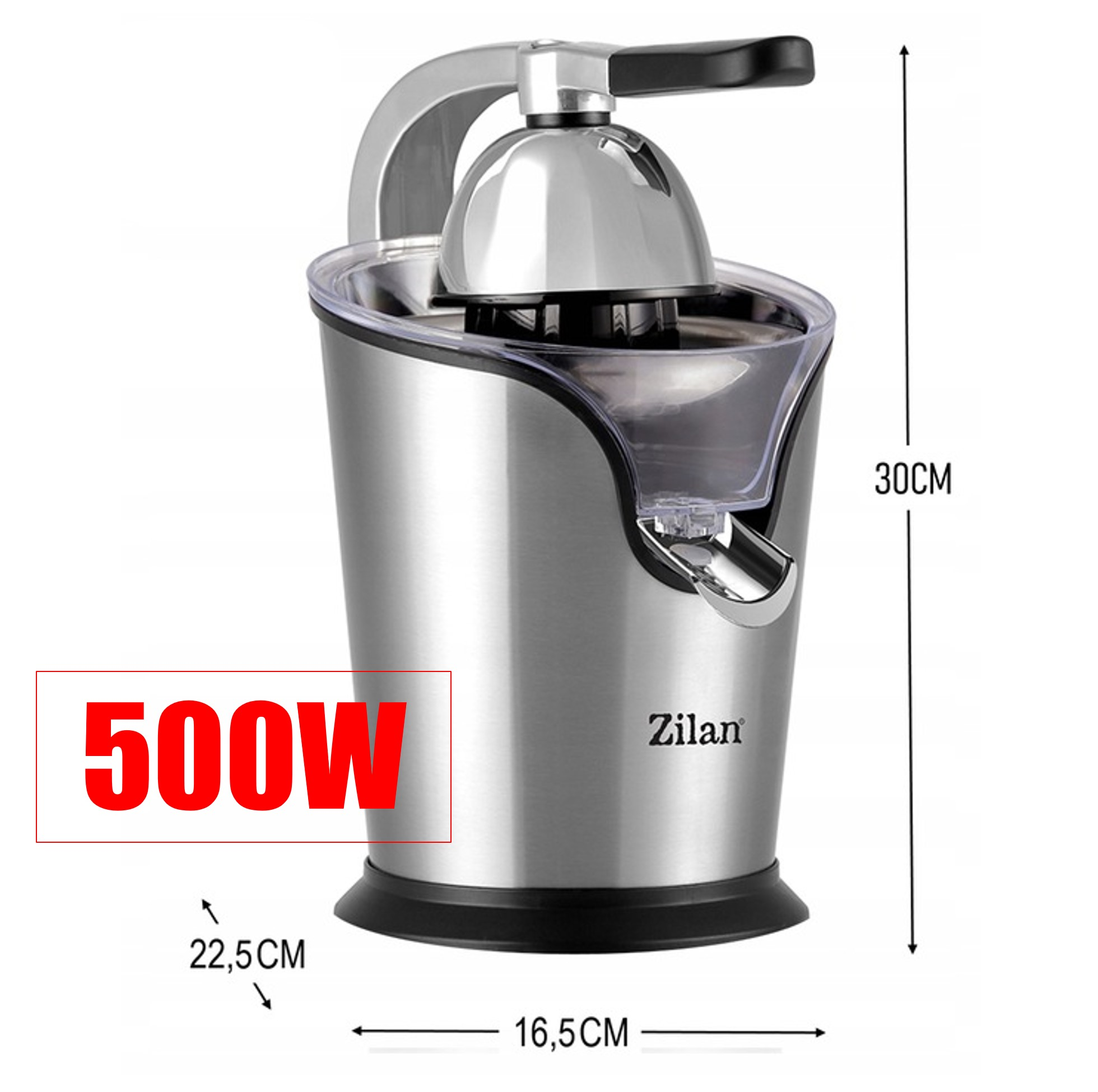 Srebrna wyciskarka Zilan z czarną rączką, moc 500W.