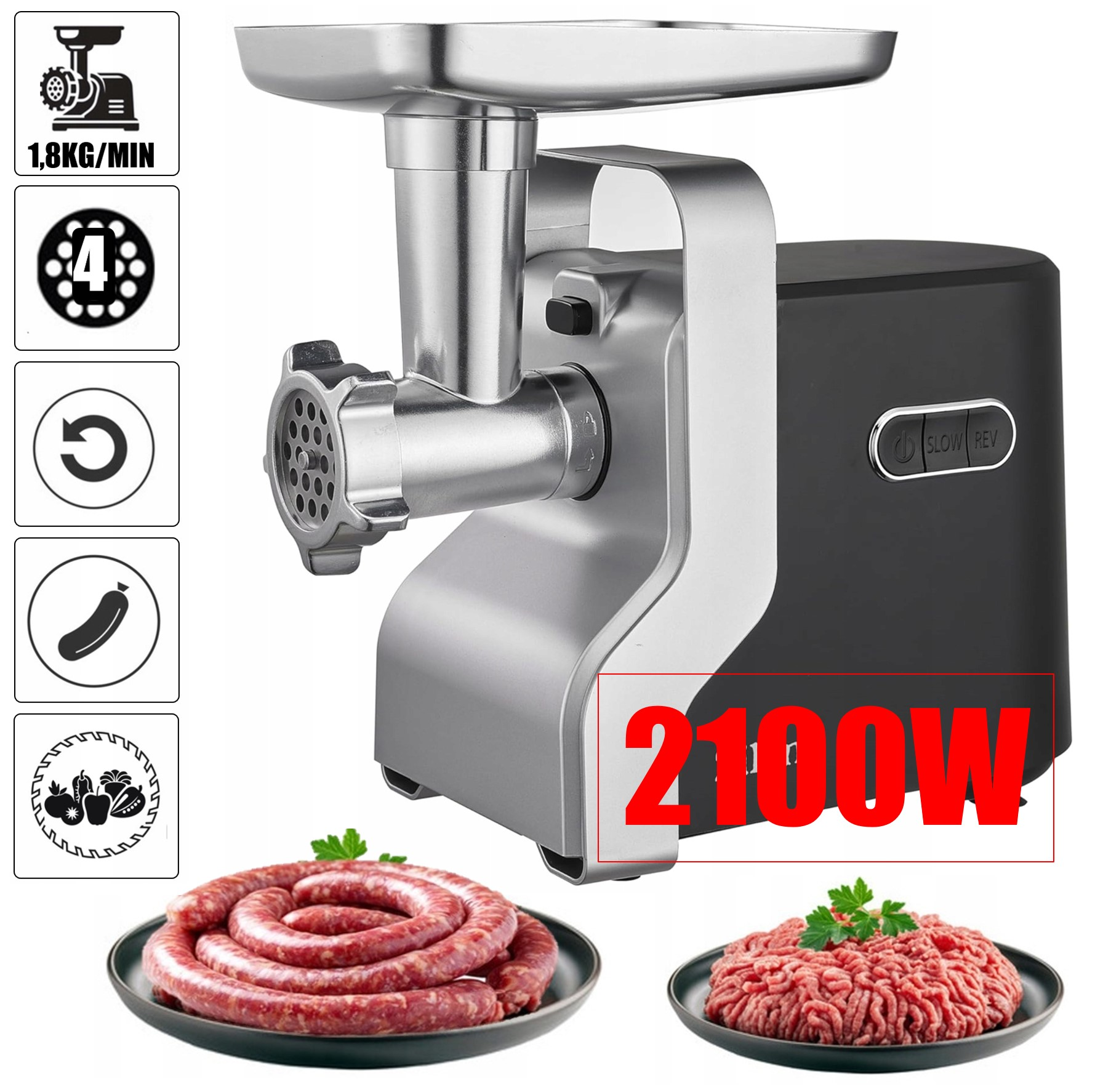 Maszynka do mielenia mięsa z akcesoriami, moc 2100W, 1,8kg/min, 4 sitka, bieg wsteczny.