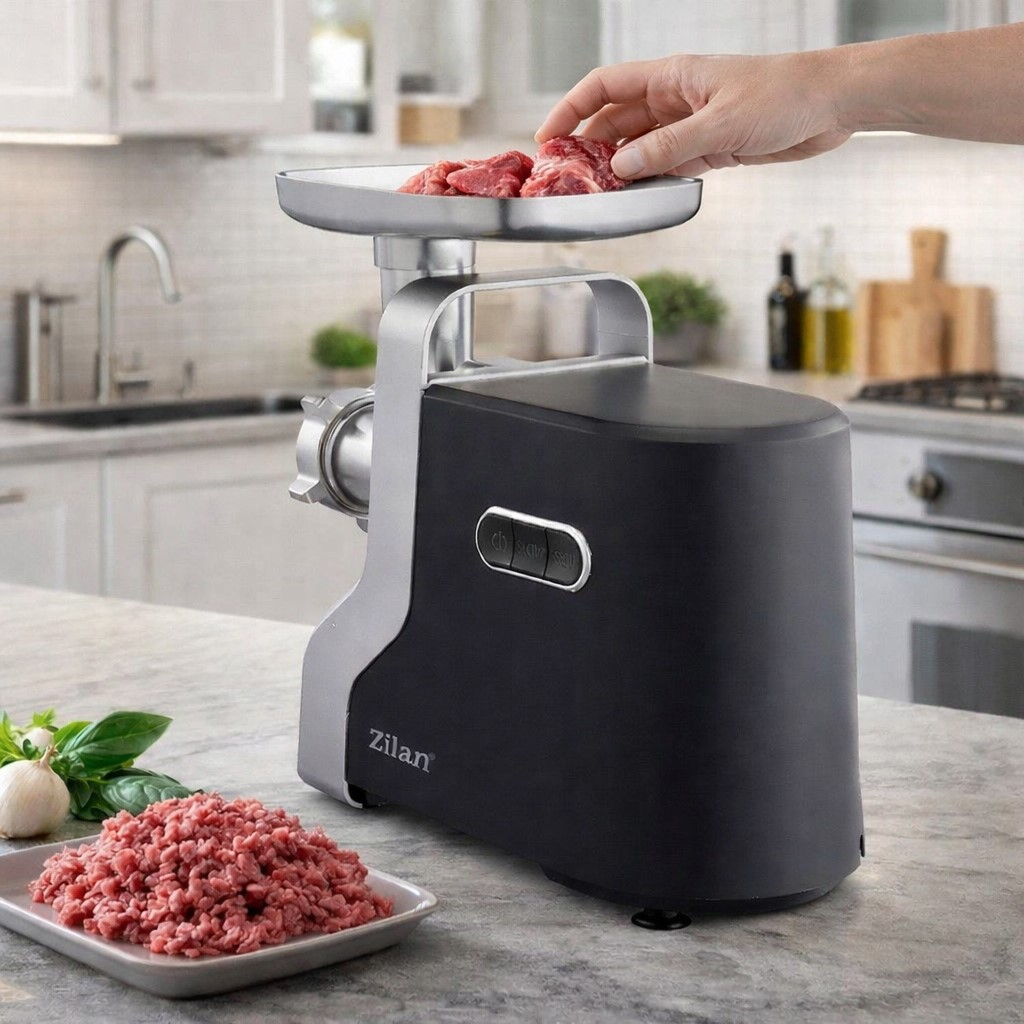 Maszynka do mielenia mięsa z tacą, ręką dodającą mięso i miską mielonego mięsa.