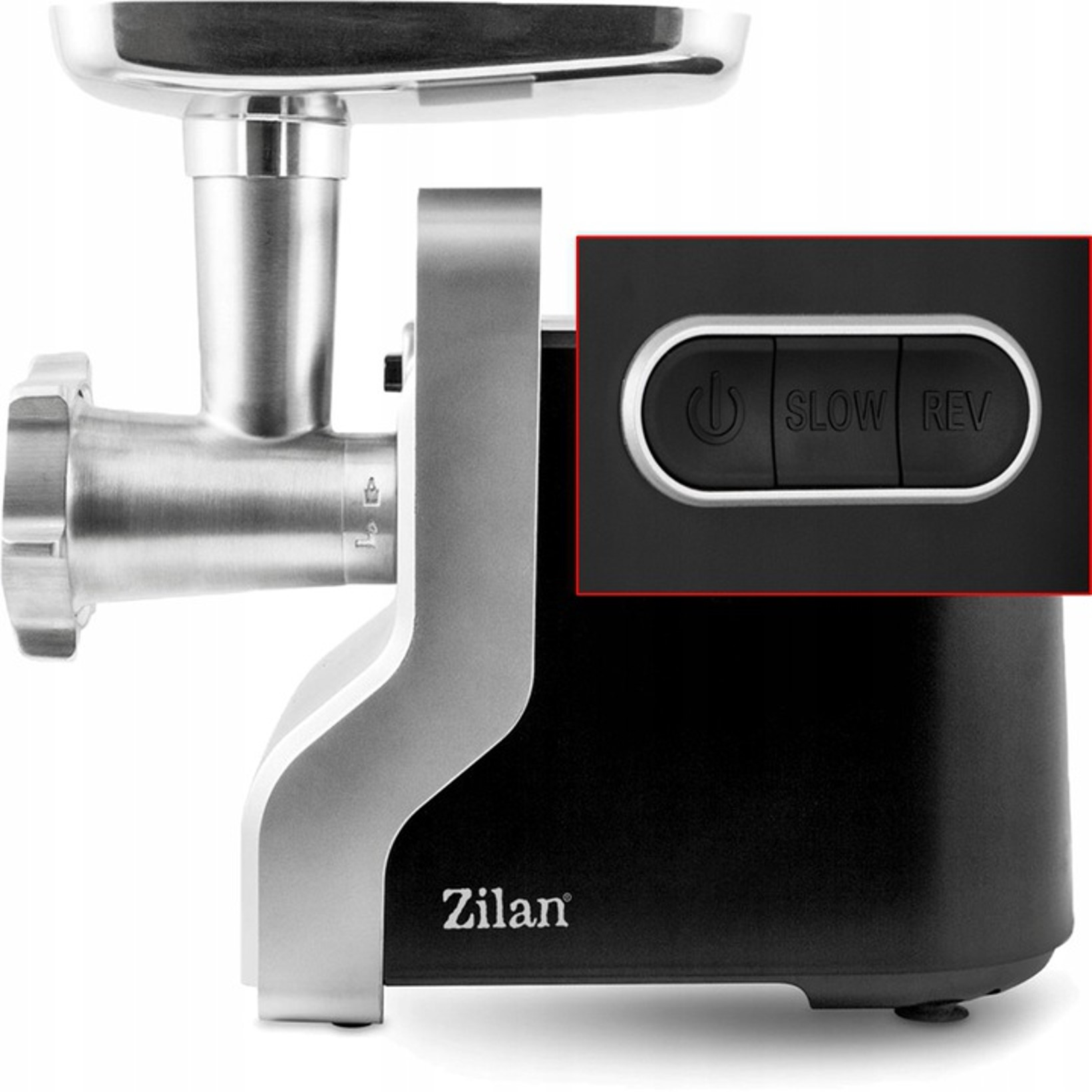 Maszynka do mielenia mięsa z srebrnym lejem zasypowym i czarną obudową.