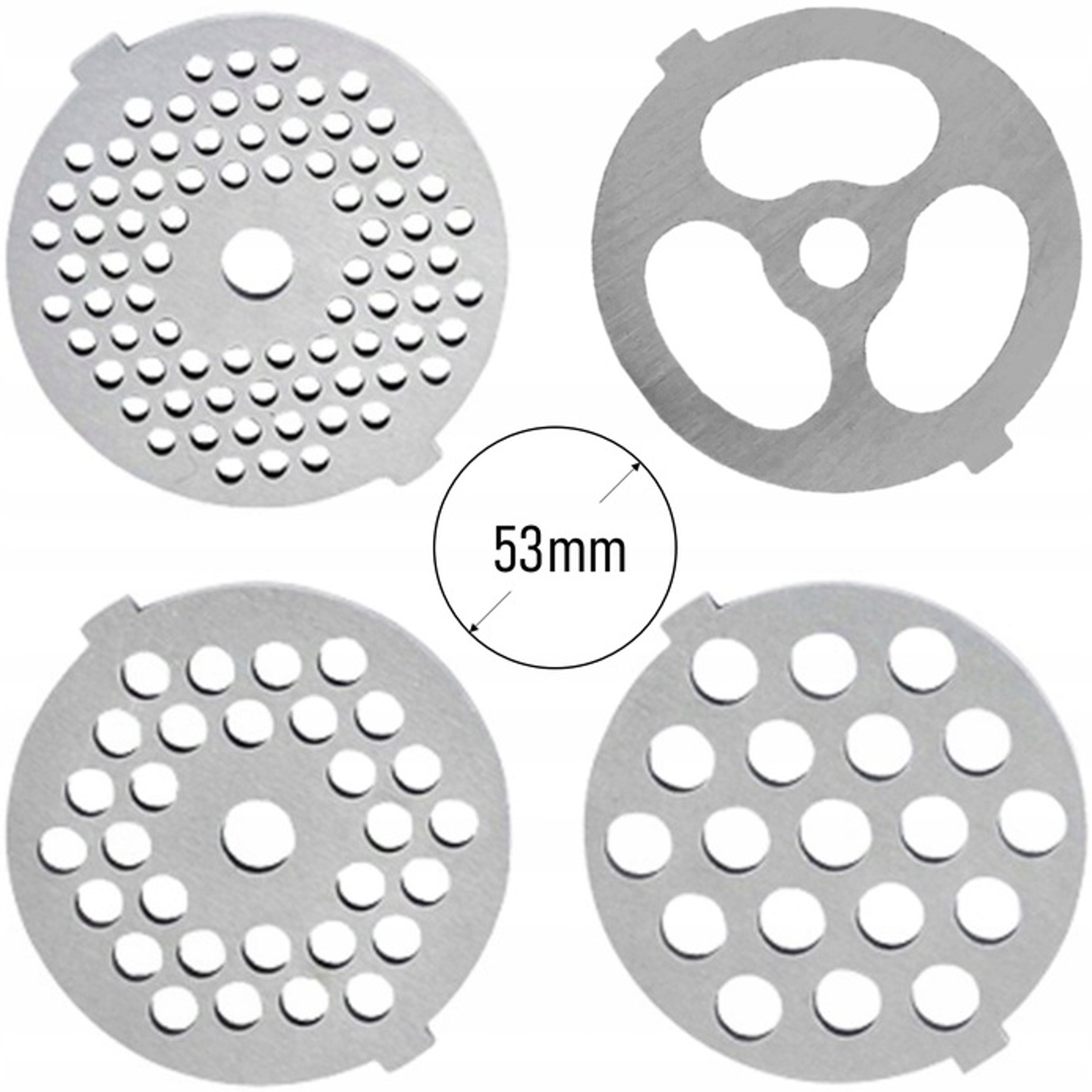 Cztery metalowe sitka do maszynki do mięsa: dwa z wieloma małymi otworami, jeden z trzema dużymi, jeden z mniejszą liczbą otworów.