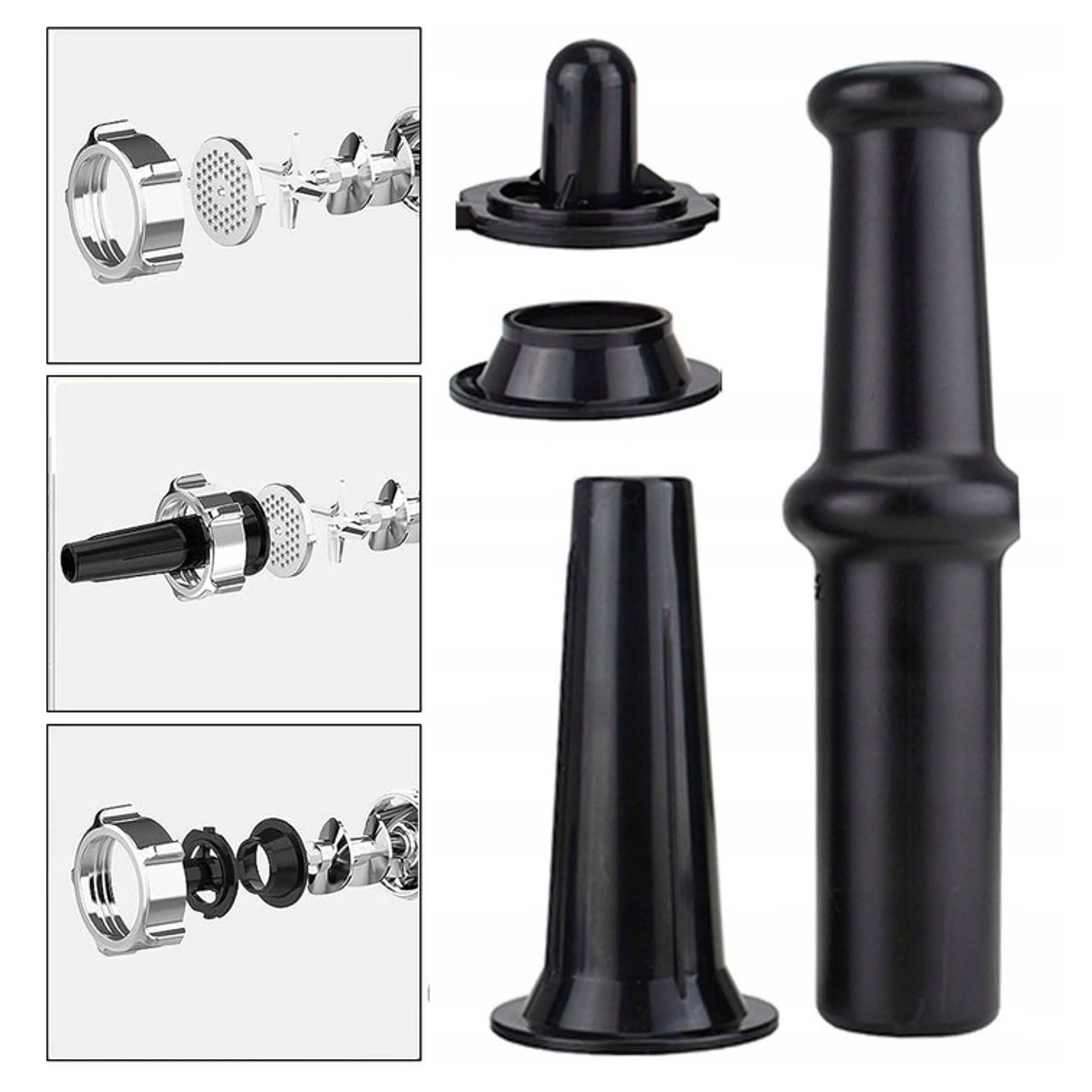 Części maszynki do mięsa: pierścień, tarcza tnąca, ślimak, lejek i popychacz.