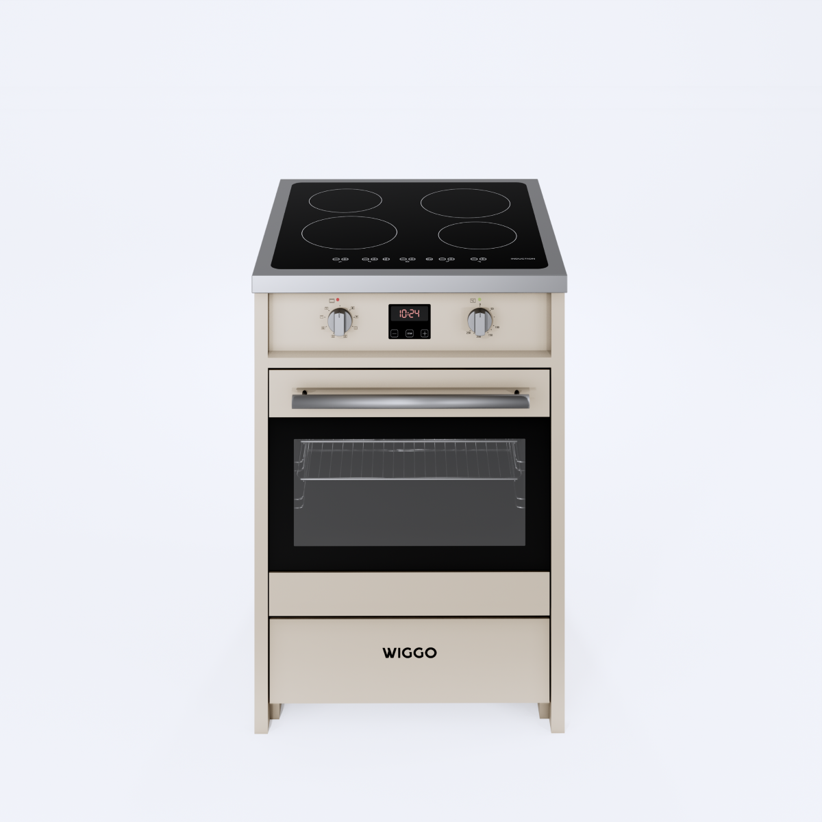 A cream-colored oven with a stovetop, oven door, and drawer.