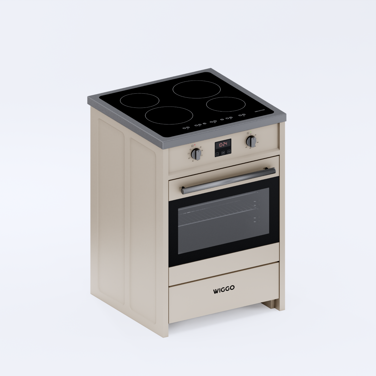 Beige freestanding oven with four hob burners, oven door, and drawer.