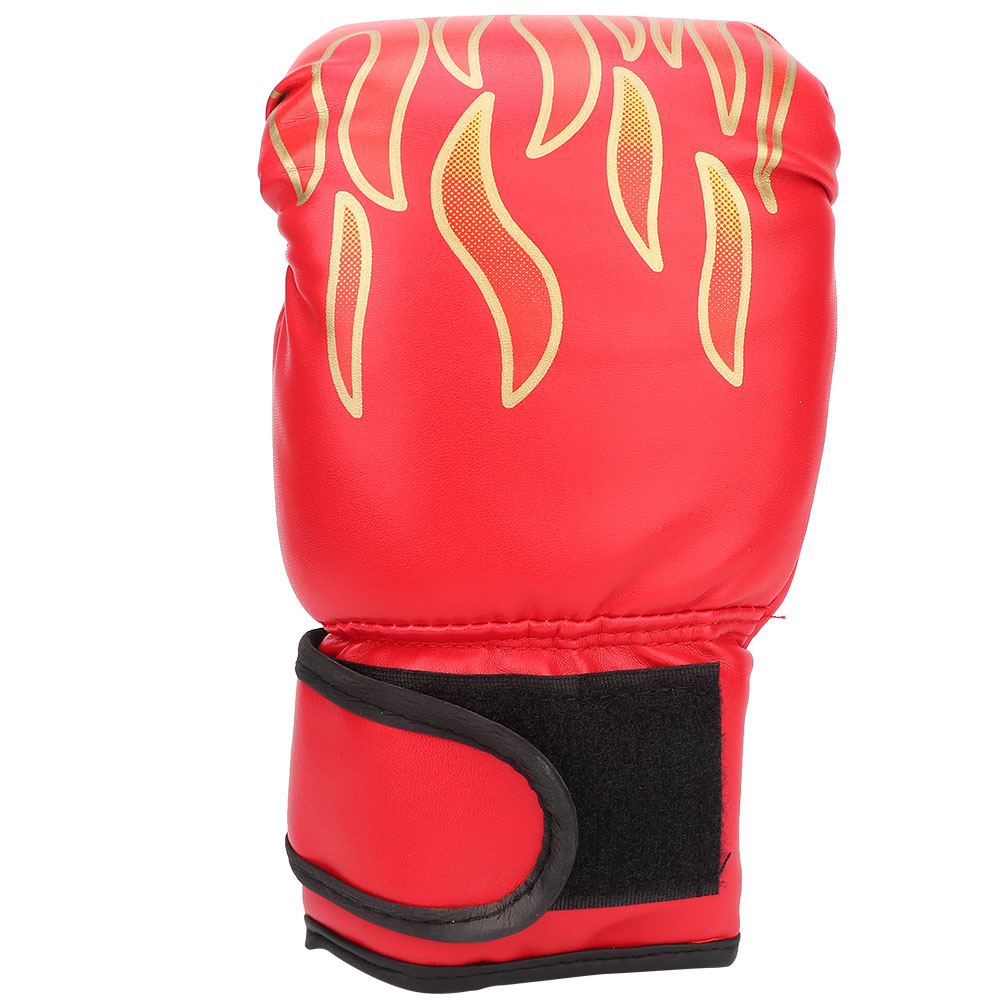 Roter Boxhandschuh mit goldenen Flammen und Klettverschluss.