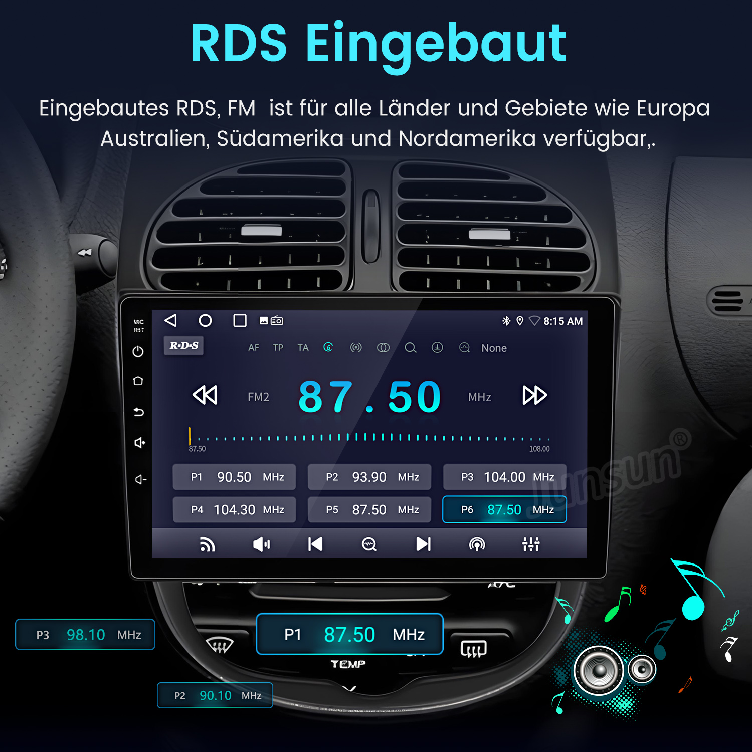 Ein Autoradio mit RDS-Anzeige, zeigt 87.50 MHz FM2 an.