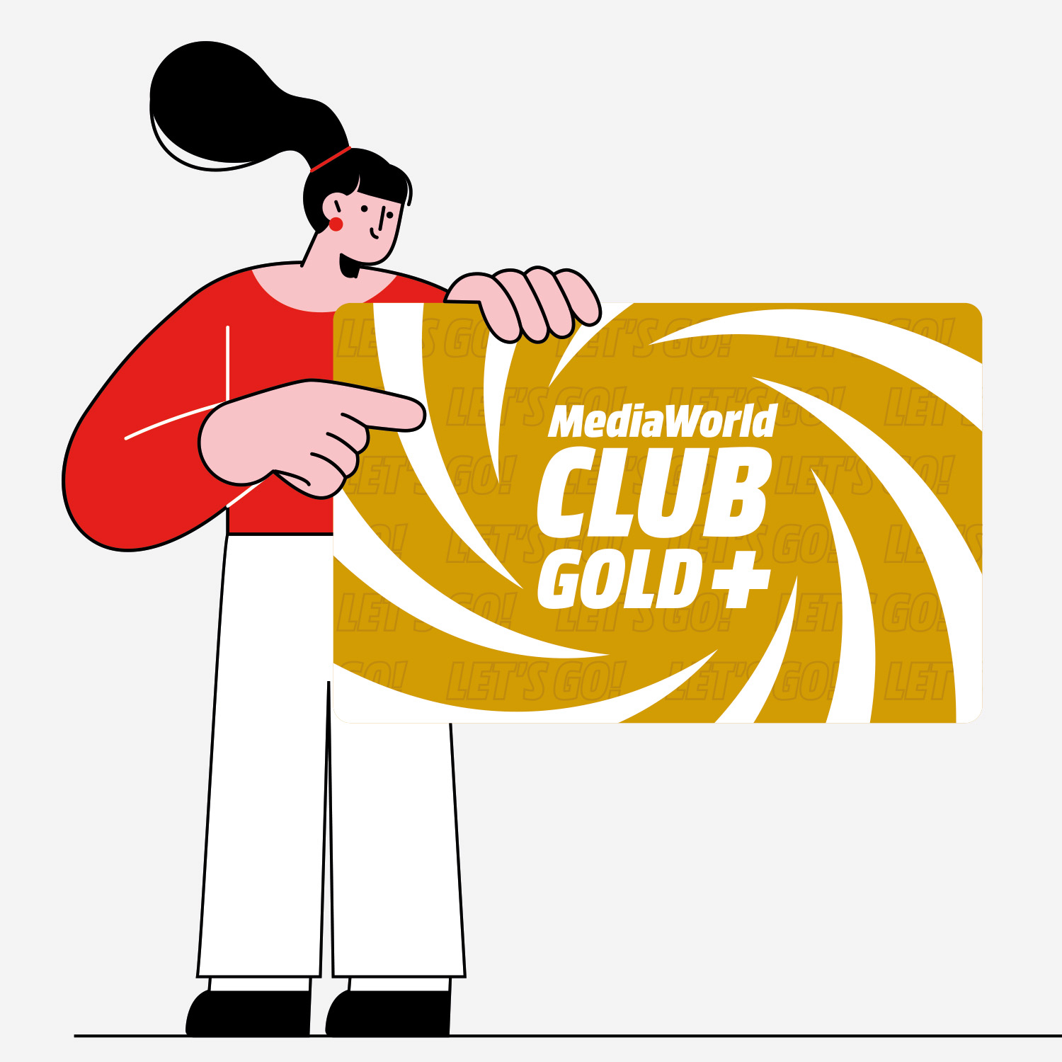 Eine Frau in Rot und Weiß hält eine goldene Karte mit der Aufschrift „MediaWorld CLUB GOLD+“.