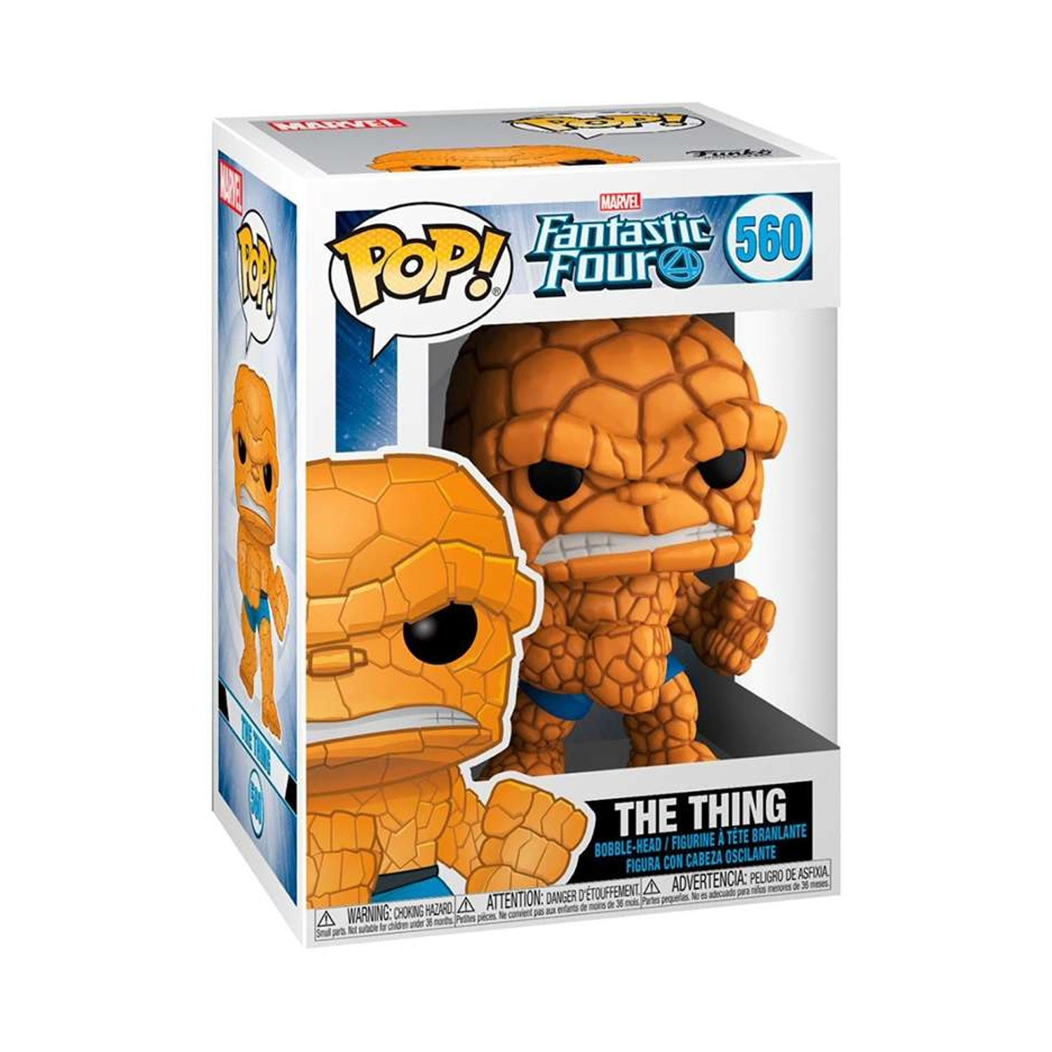 Action figure Funko Pop! La Cosa dei Fantastici Quattro, arancione, su scatola.