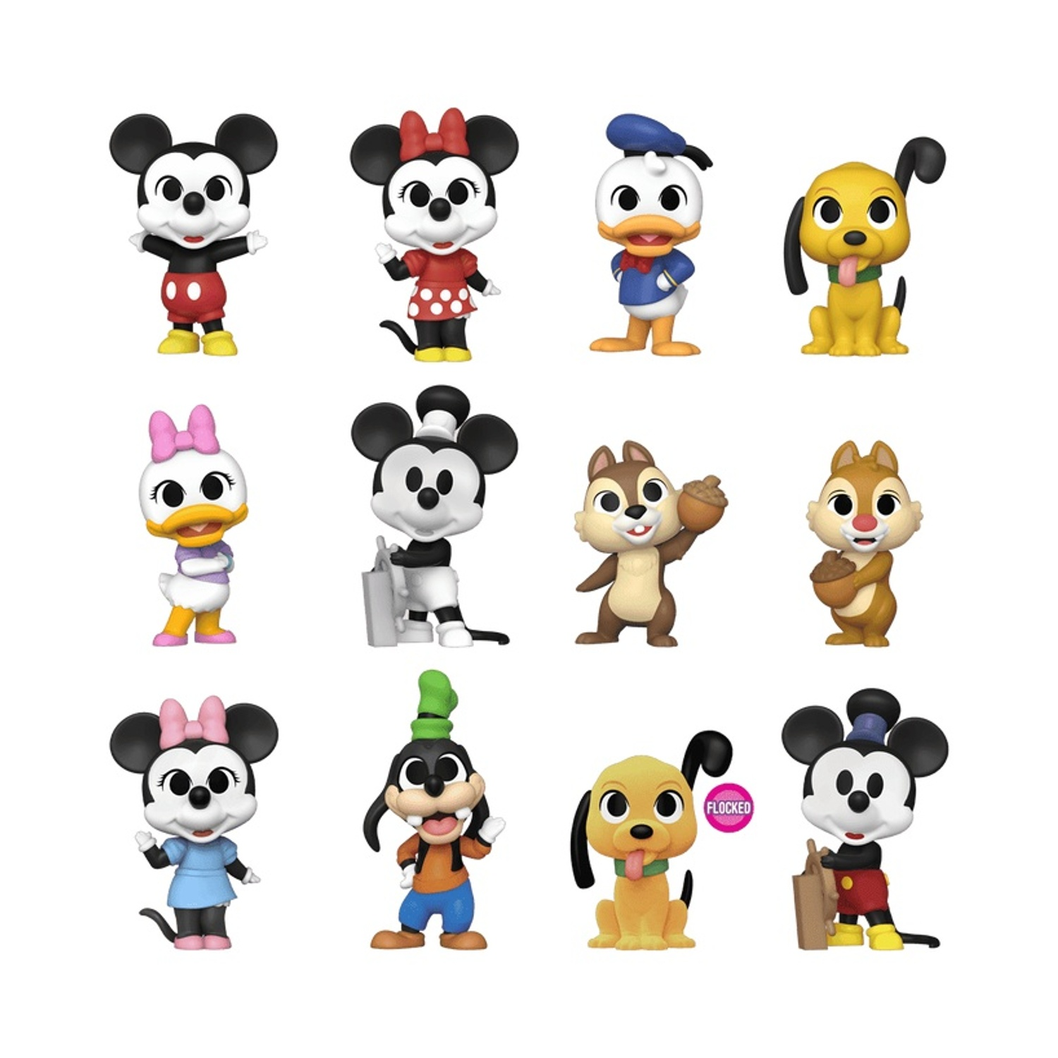 Zwölf Disney-Figuren stehen nebeneinander, darunter Micky, Minnie, Donald, Pluto, Daisy, Chip und Dale.