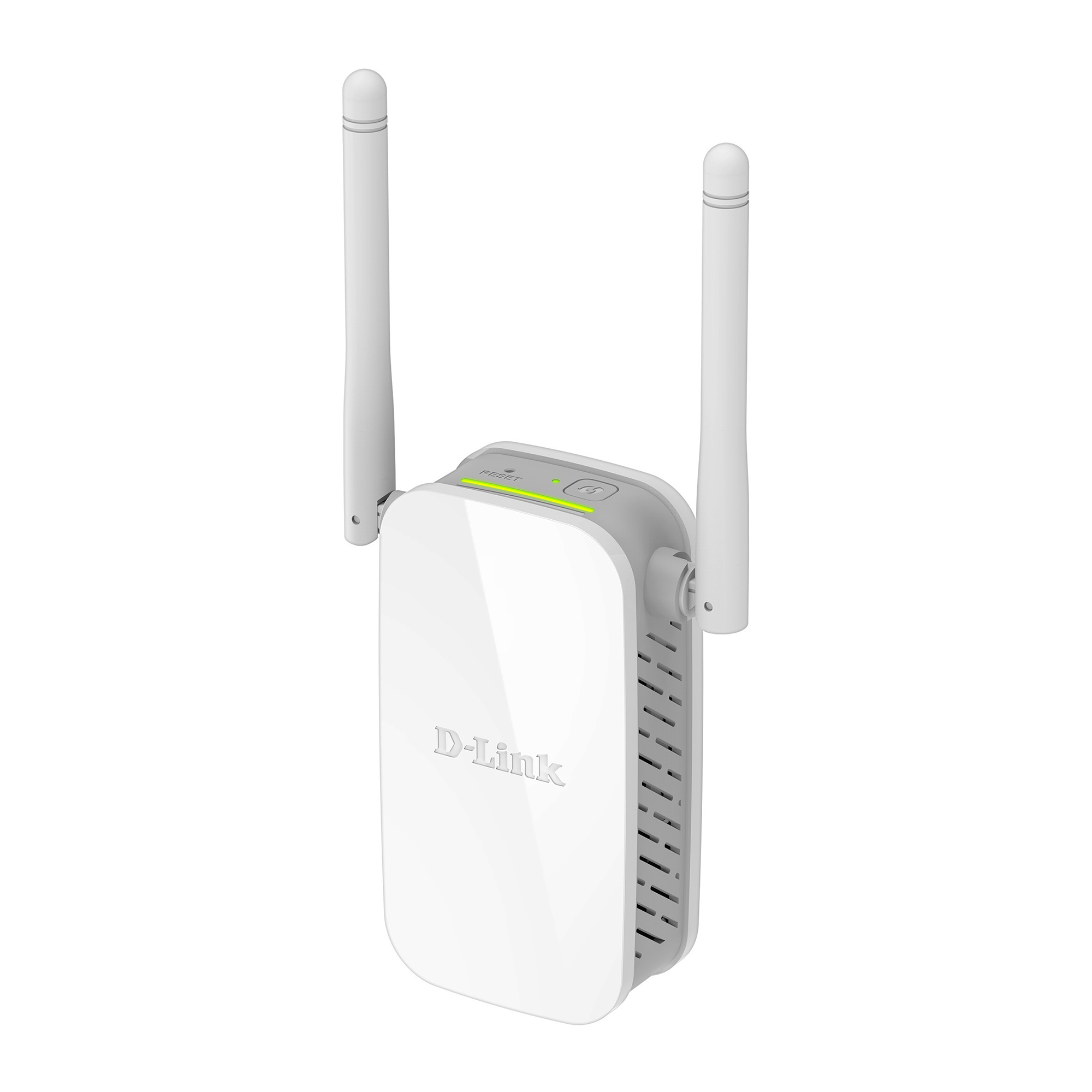 White D-Link Wi-Fi extender with two antennas and status LEDs.