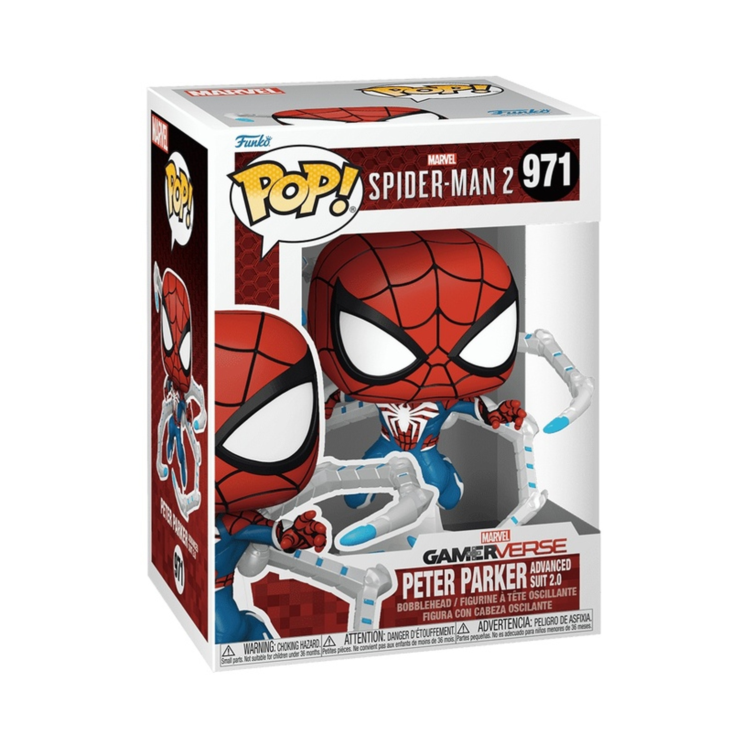 Figurka Funko Pop Spider-Mana w zaawansowanym stroju 2.0, z elementami sieci.