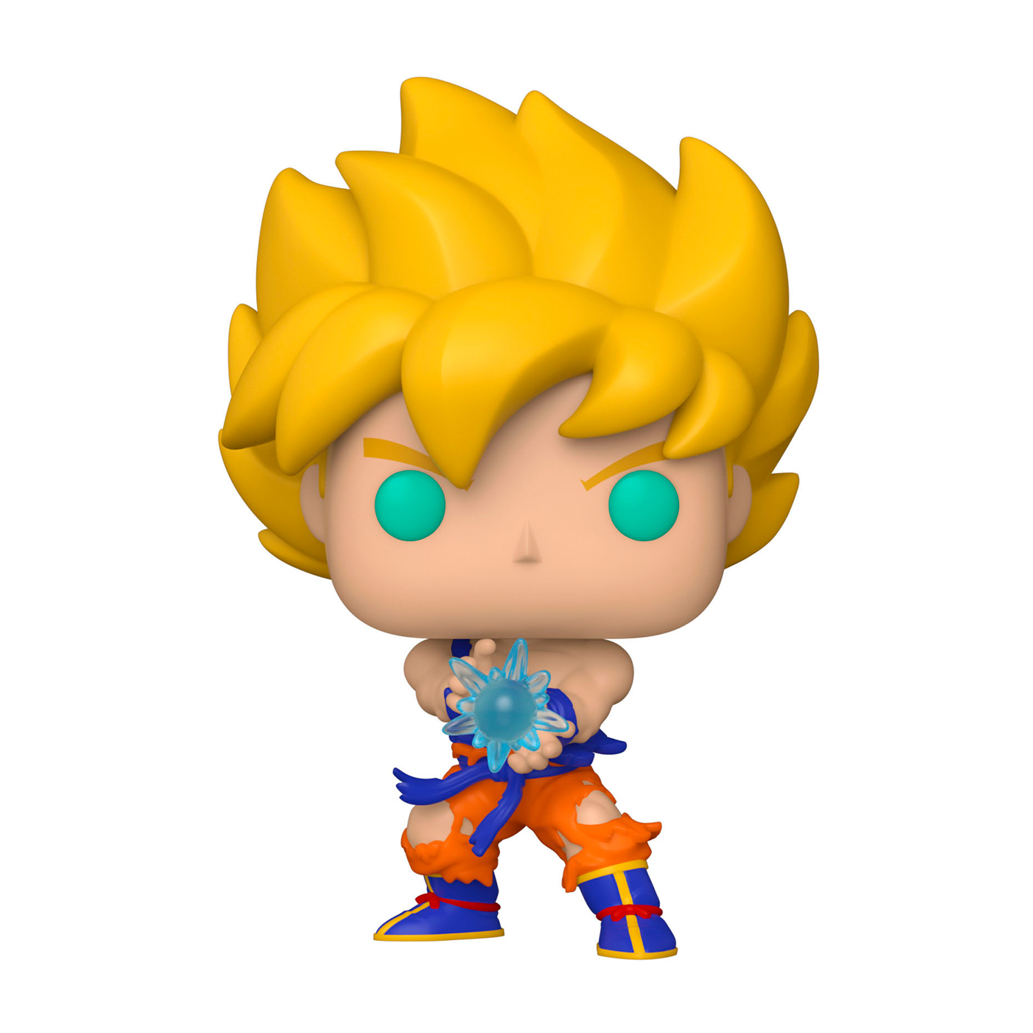 Un Funko Pop Goku con capelli gialli e occhi blu, che tiene una sfera di energia blu.