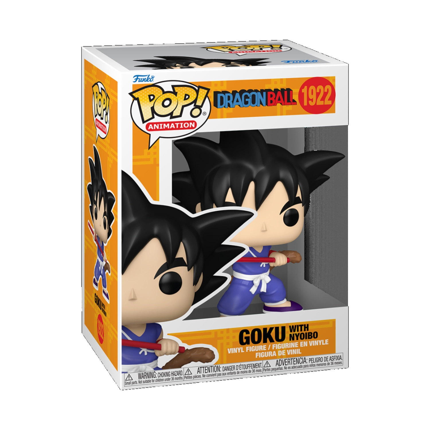 Funko Pop! Vinyl Figur von Goku mit Nyoibo aus Dragon Ball, trägt lila Kleidung.