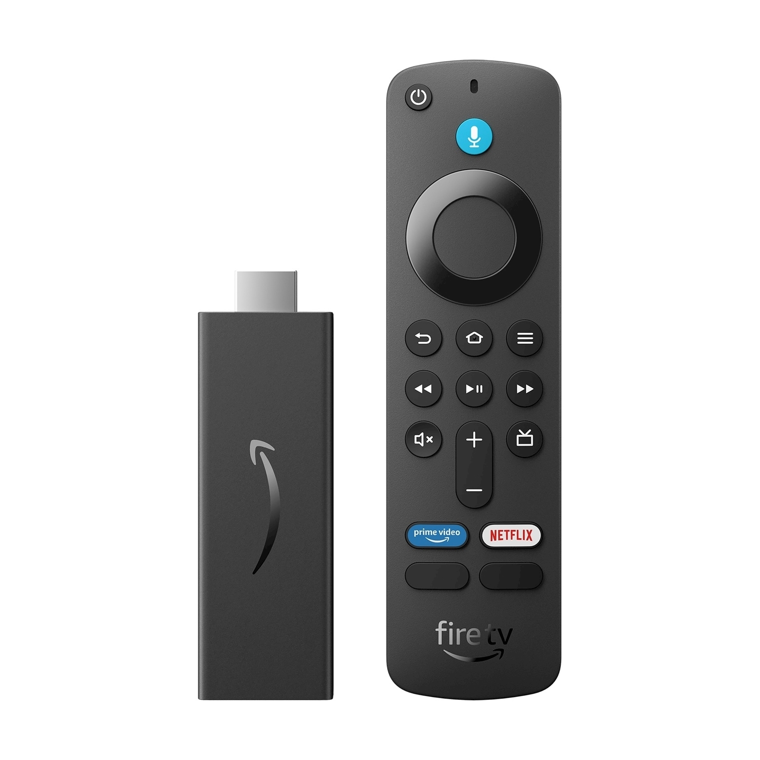 Schwarzer Fire TV Stick und Fernbedienung mit Prime Video und Netflix Tasten.