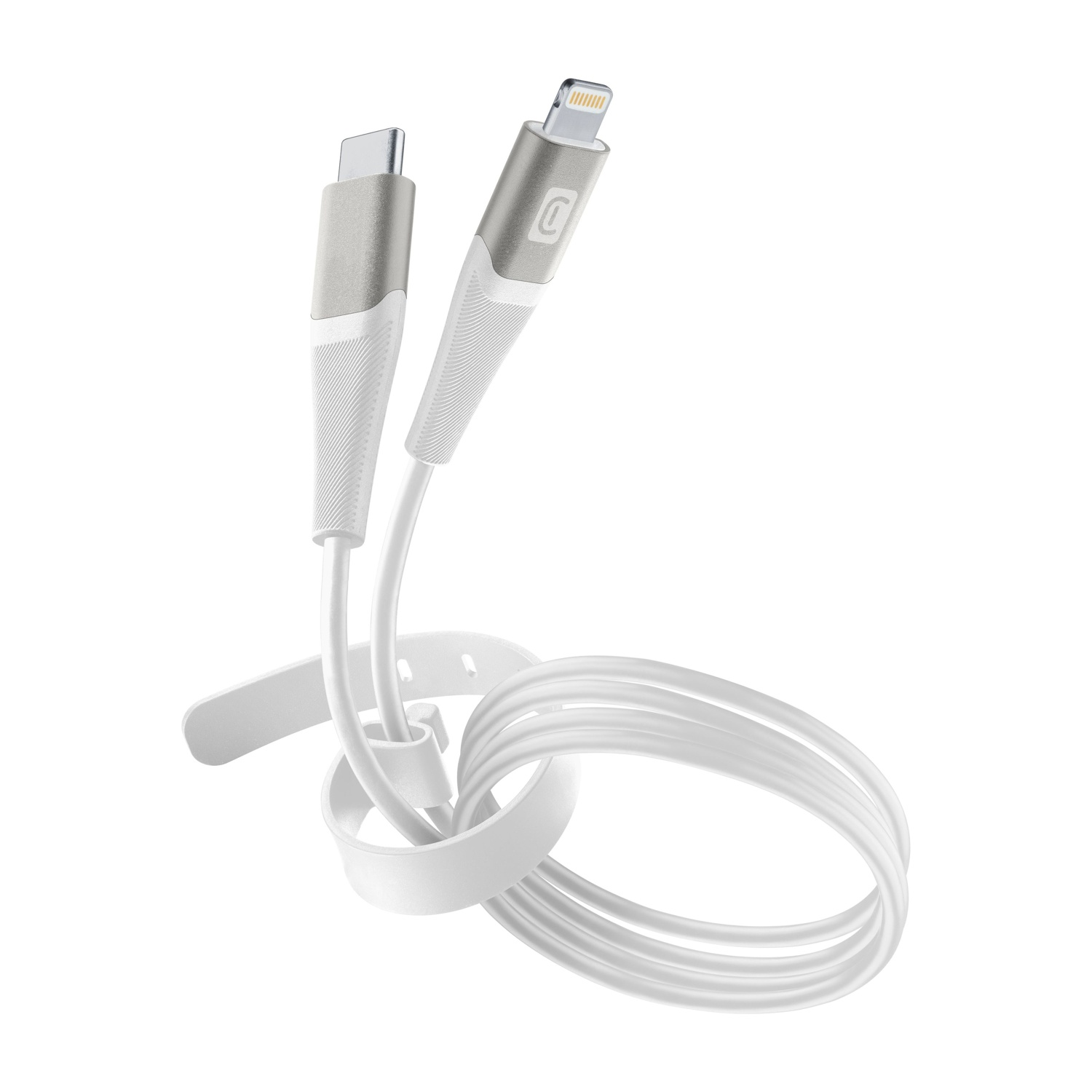 Weißes USB-C- und Lightning-Kabel mit silbernen Anschlüssen, aufgewickelt.
