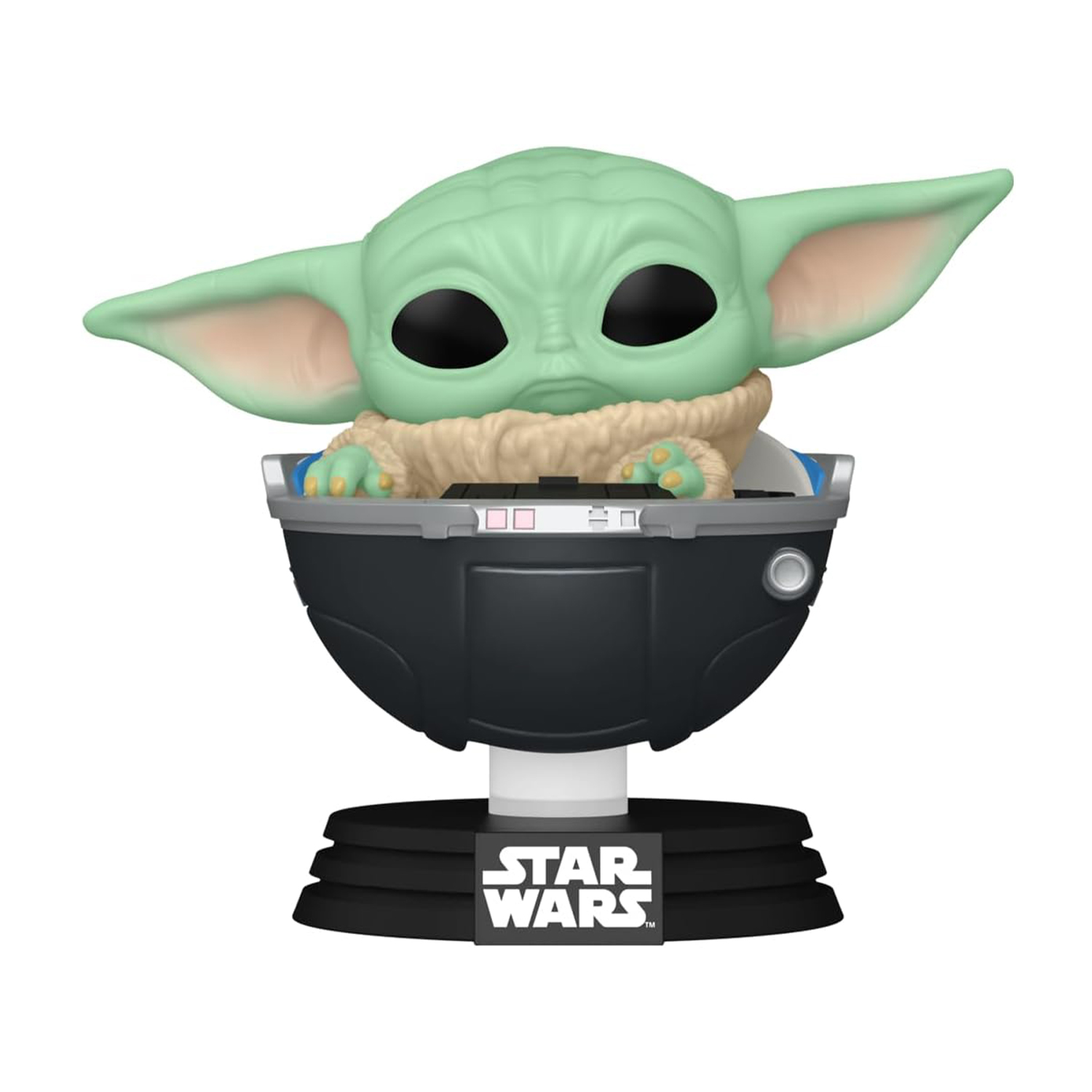 Baby Yoda w swoim wózku, na stojaku Star Wars.