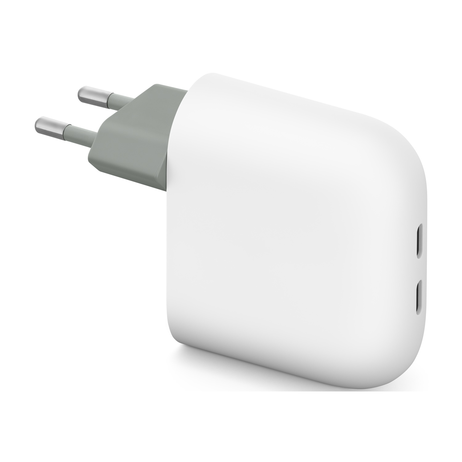 Ein weißer Reiseadapter mit zwei USB-C-Anschlüssen und zwei silbernen Steckern.