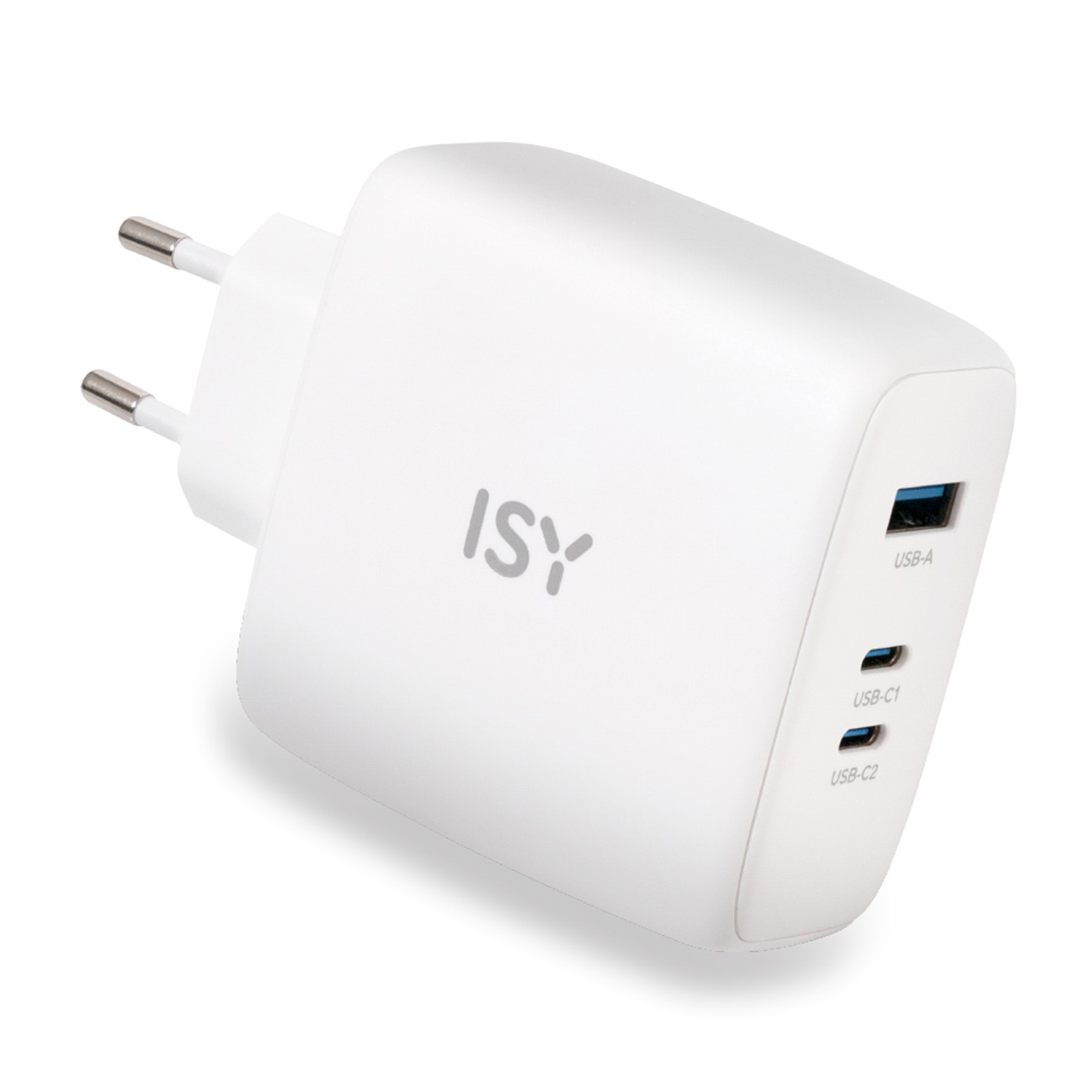 Un cargador ISY blanco con dos puertos USB-C y un puerto USB-A.