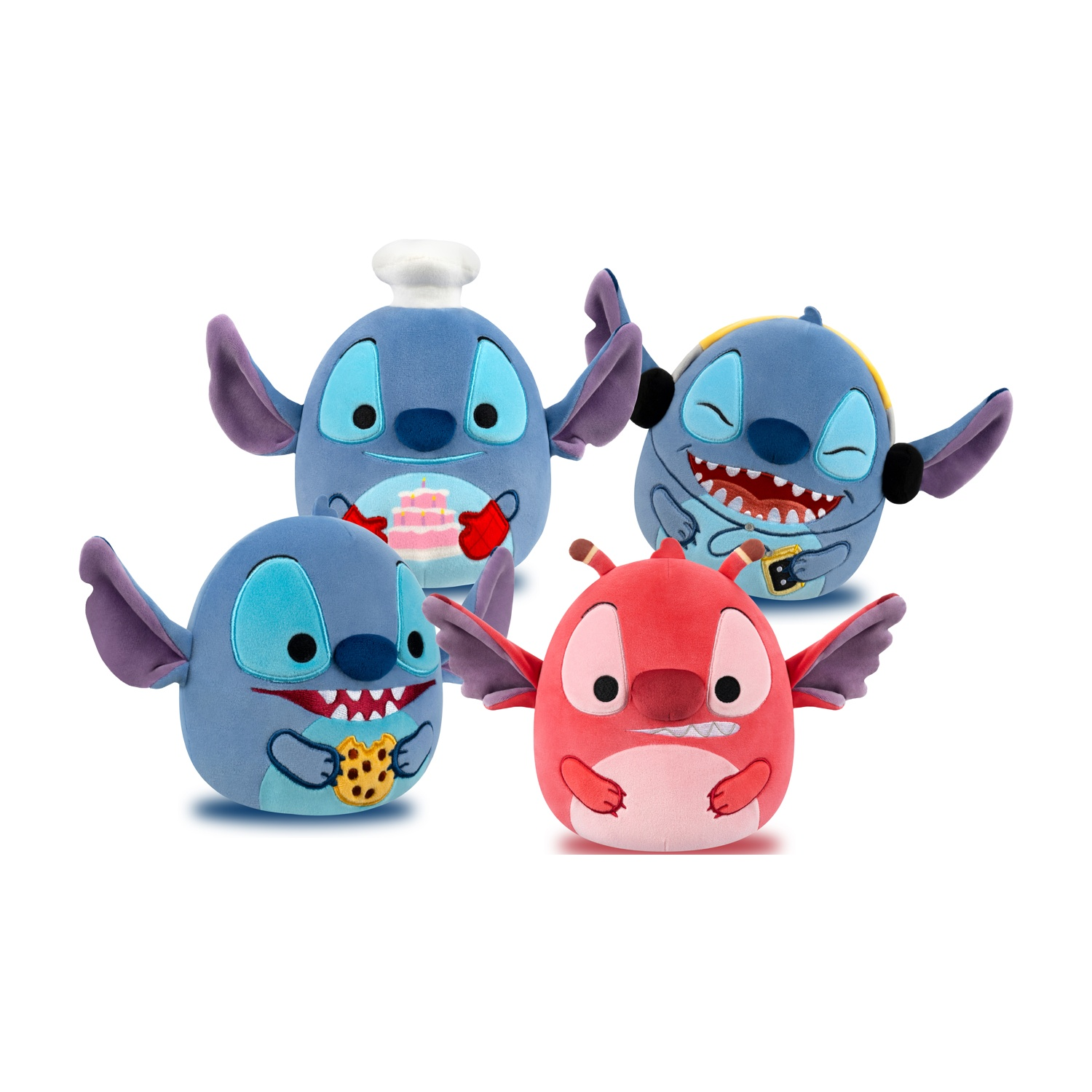 Cuatro peluches de Stitch: uno con gorro de chef, uno con galleta, uno rojo, uno con auriculares.
