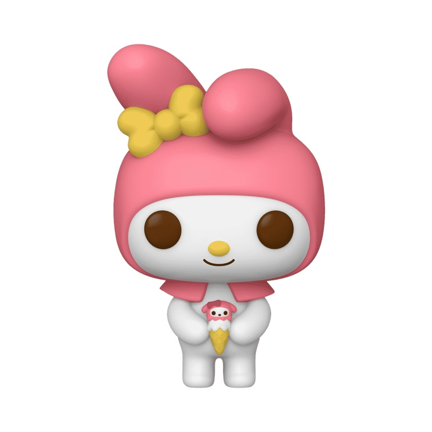 Eine weiße Figur mit rosa Kapuze und gelber Schleife hält ein Eis.