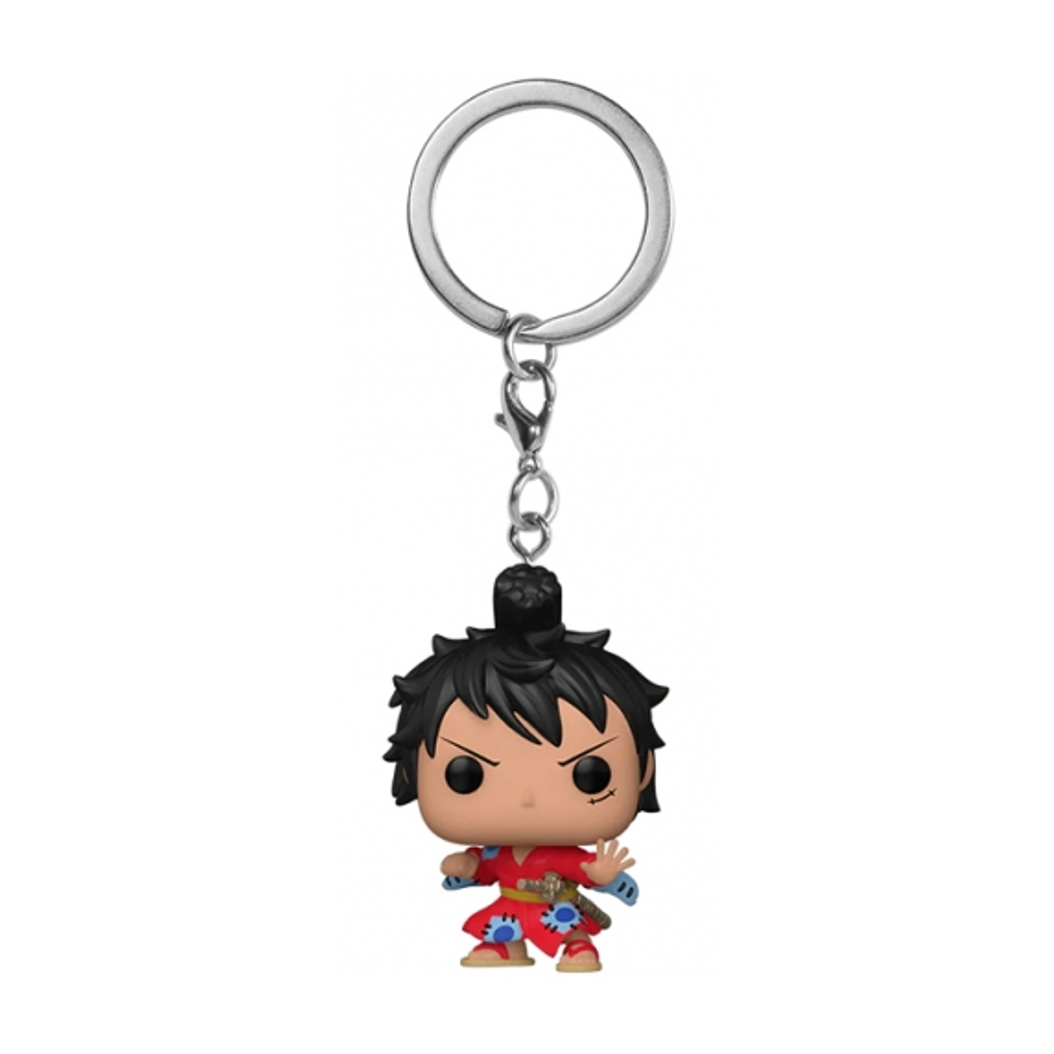 Brelok Funko Pop z postacią w czerwonym kimonie z niebieskimi akcentami.