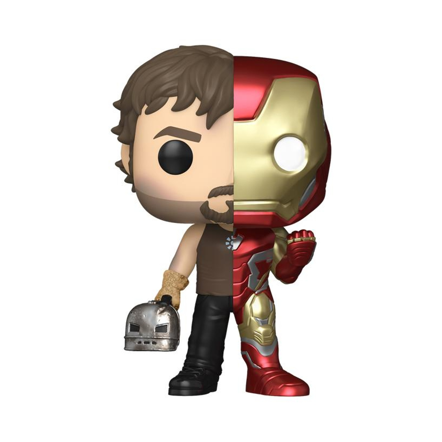 Funko Pop Figur: Tony Stark halb menschlich, halb Iron Man. Hält Helm.