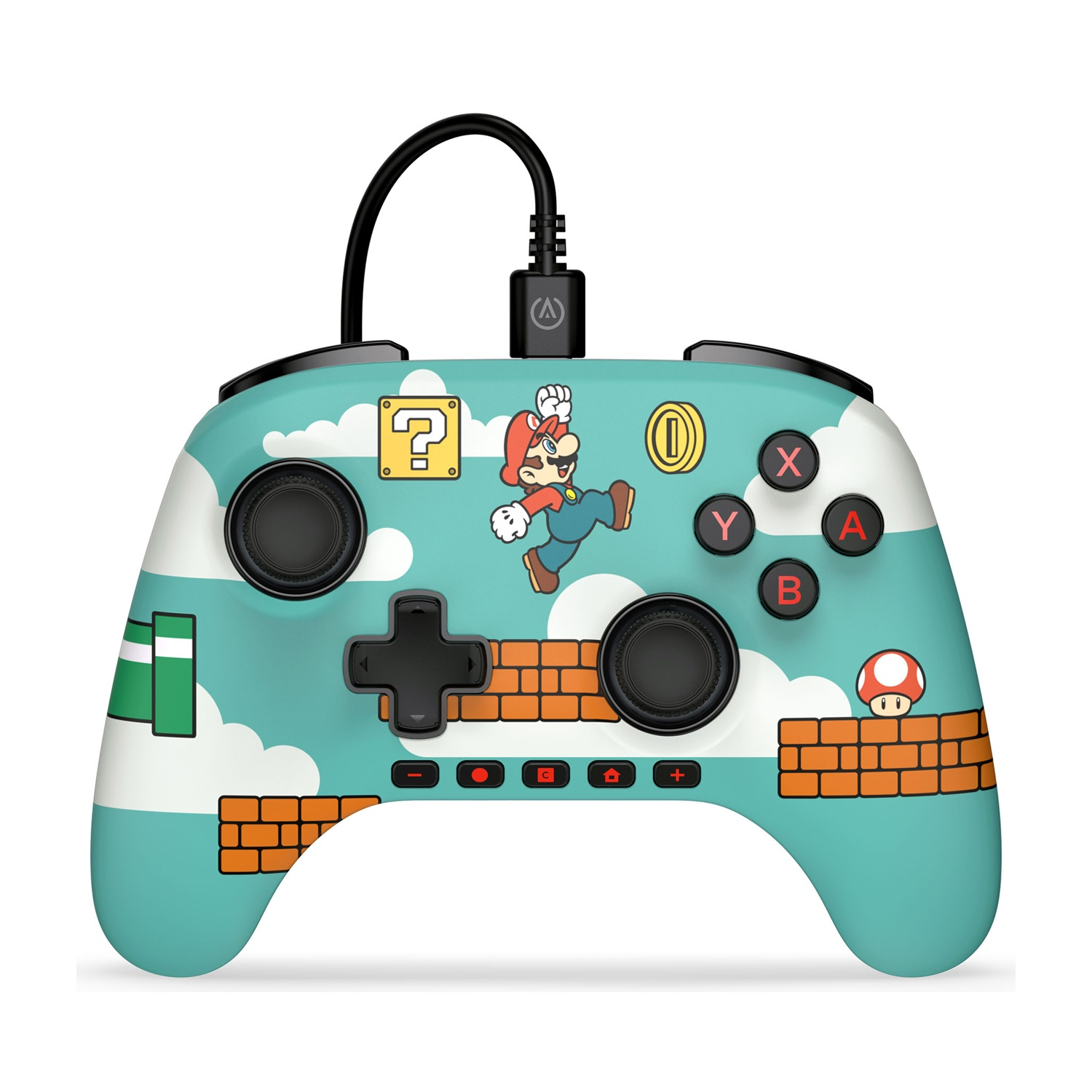 Jasnoniebieski kontroler z motywem Super Mario, chmurami i cegłami.