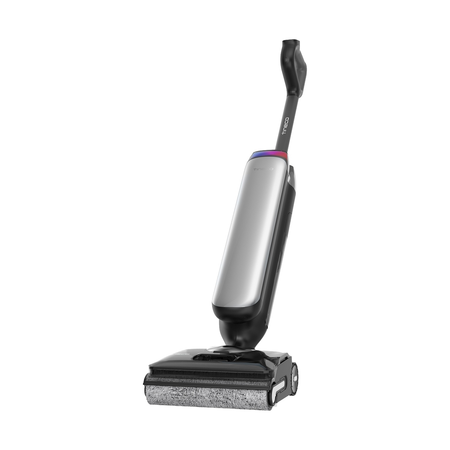 Nowoczesny, bezprzewodowy czyścik do podłóg z srebrną obudową i czarnym uchwytem.