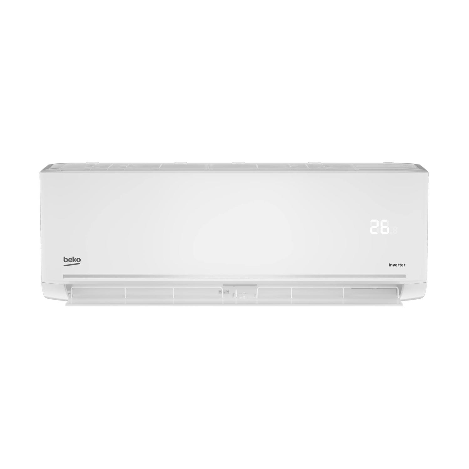 Condizionatore bianco con logo Beko e display 26,8 gradi.