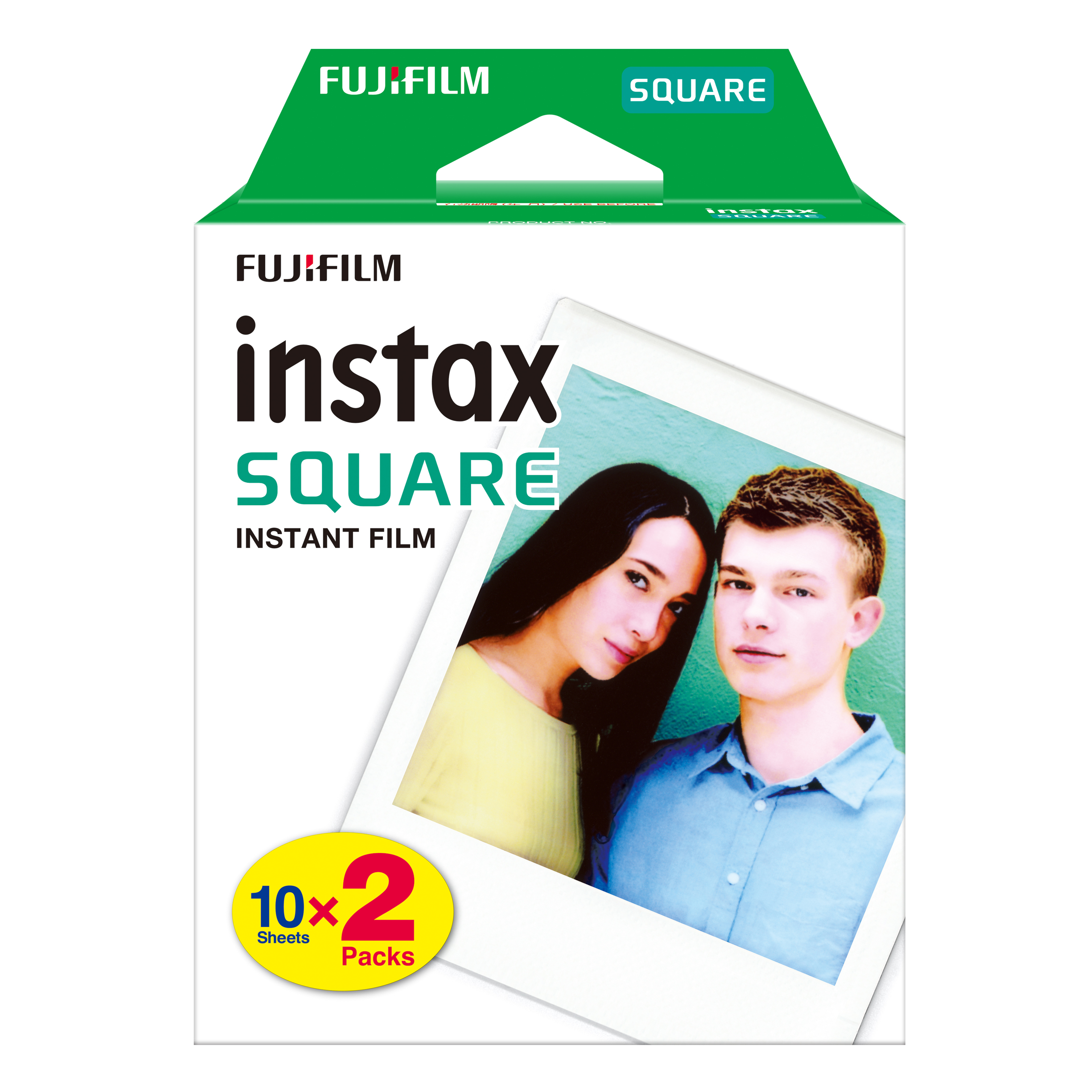 Scatola pellicola istantanea Fujifilm Instax Square con foto di coppia.
