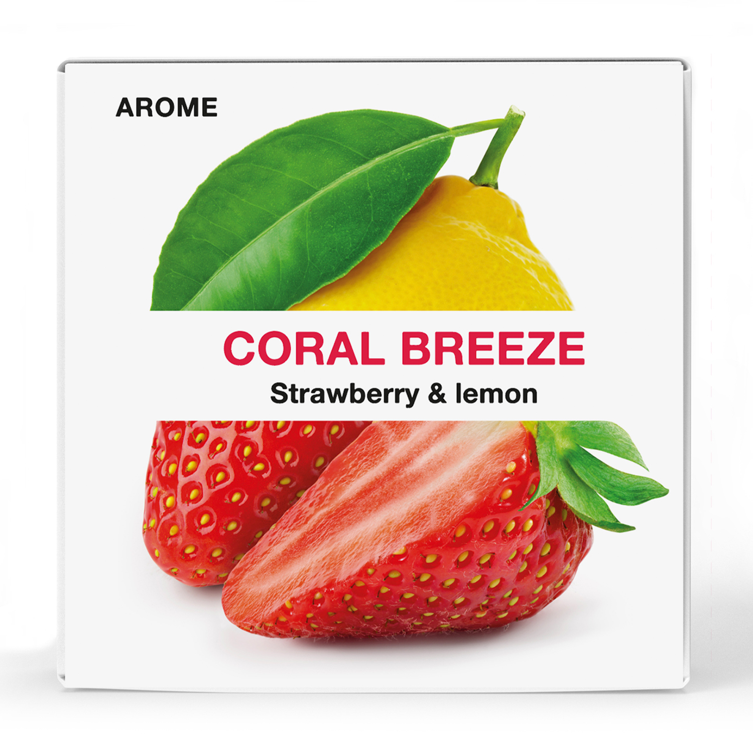 Arome Coral Breeze Erdbeer-Zitronen-Verpackung mit Früchten.