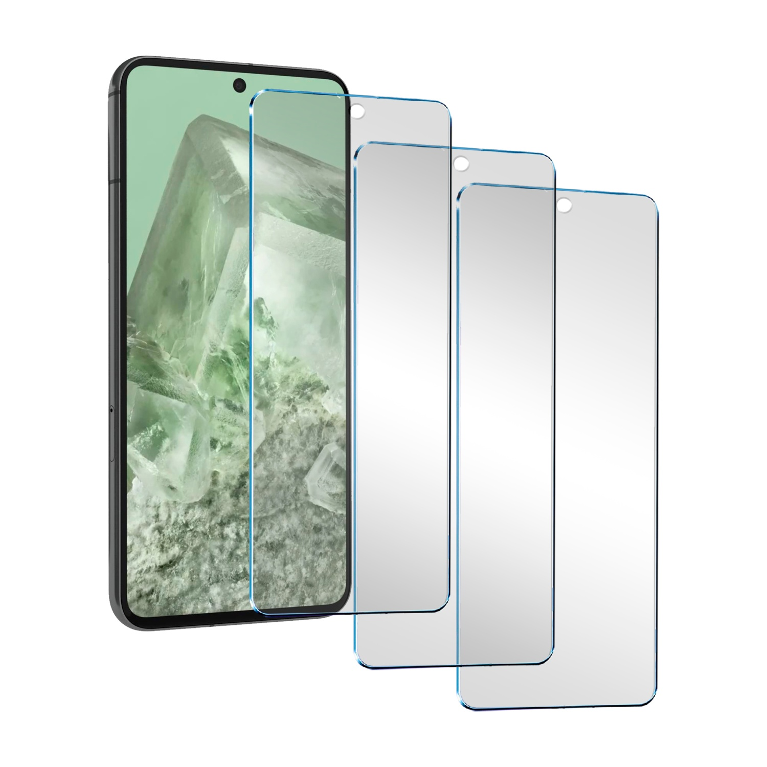 Ein Smartphone mit drei transparenten Displayschutzfolien davor.