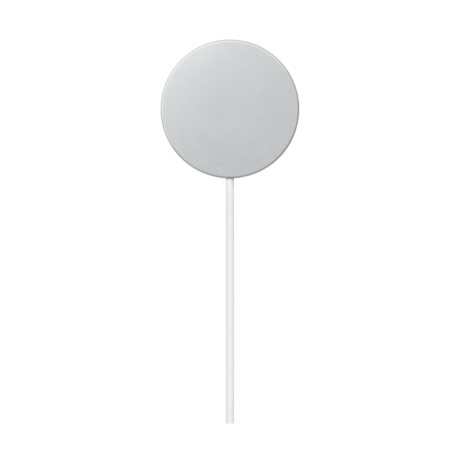 Caricatore magnetico argentato con cavo bianco su sfondo bianco.