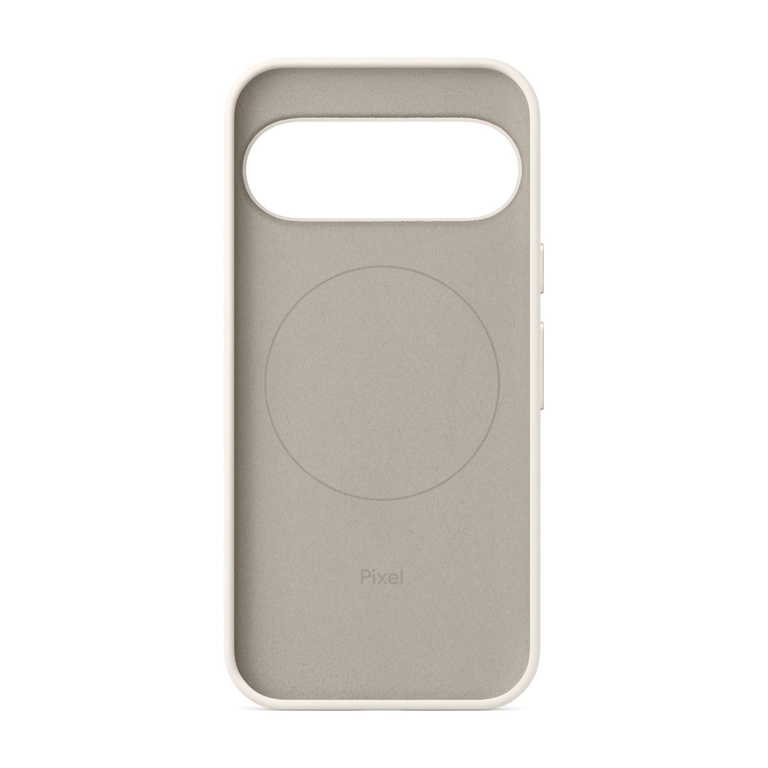 Eine beige Handyhülle mit einem kreisförmigen Muster und dem Wort 'Pixel'.