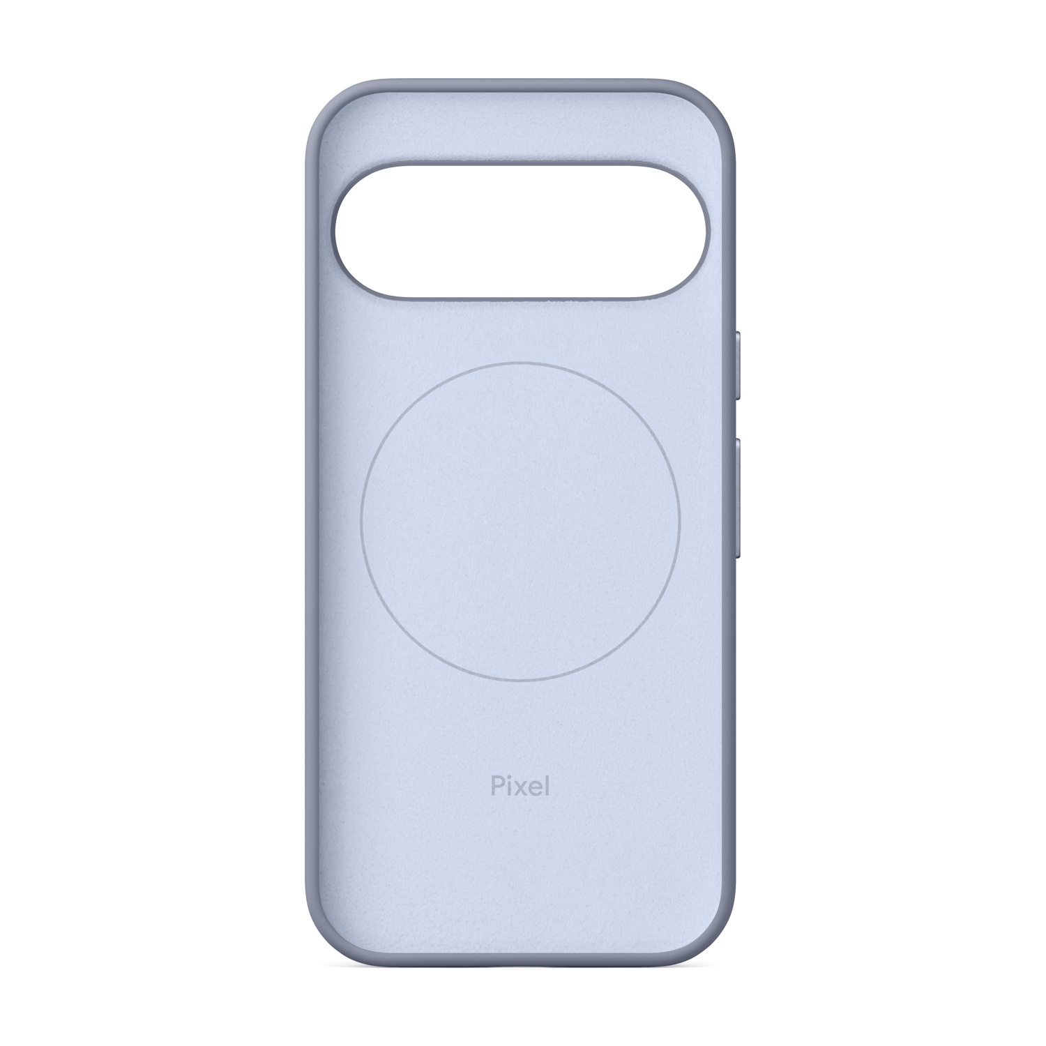 A light blue phone case with a top cutout and a central circular design.