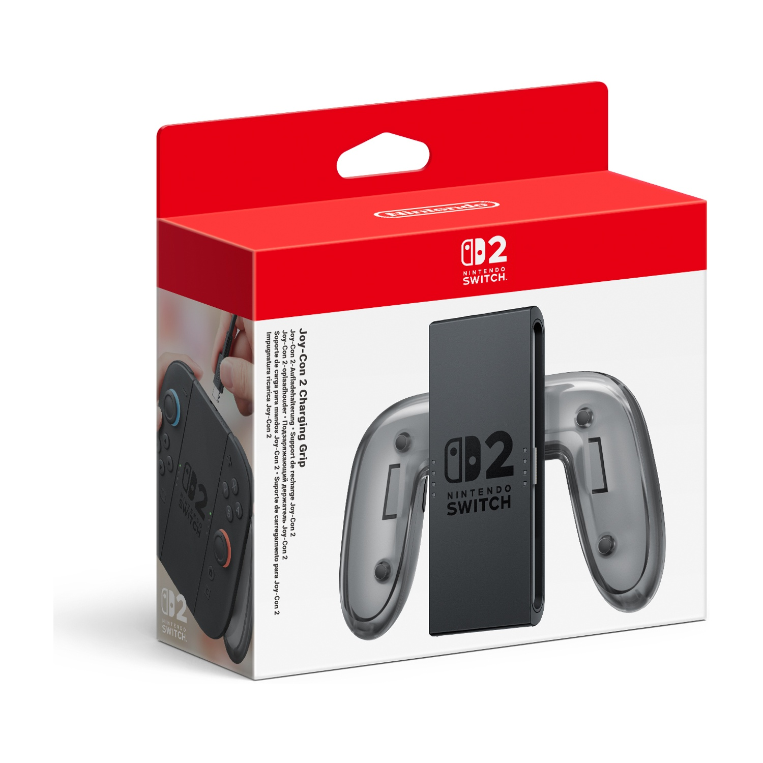 Pudełko pokazujące uchwyt ładujący Joy-Con Nintendo Switch i czarny moduł.