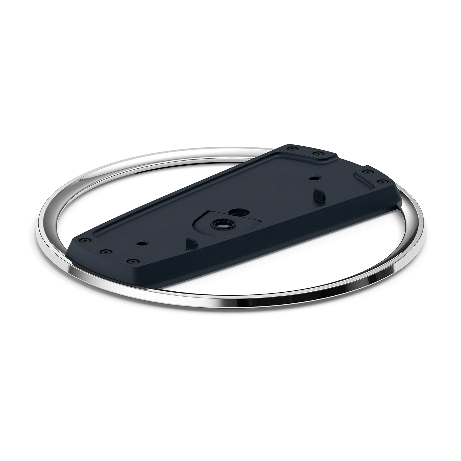 Dunkelblauer Halter mit silbernem Ring auf weißem Hintergrund.