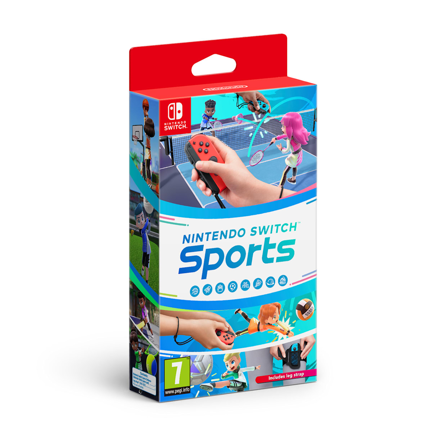 Pudełko gry Nintendo Switch Sports z kolorowymi scenami sportowymi i kontrolerami Joy-Con.
