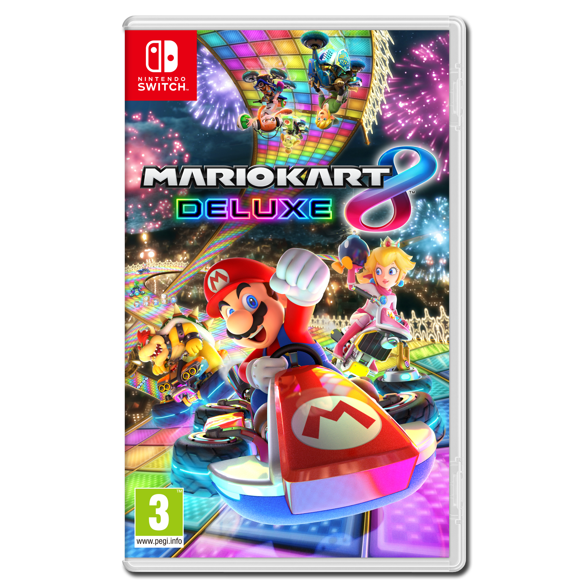 Okładka Mario Kart 8 Deluxe: Mario, Peach, Bowser na kolorowych torach, fajerwerki w tle.