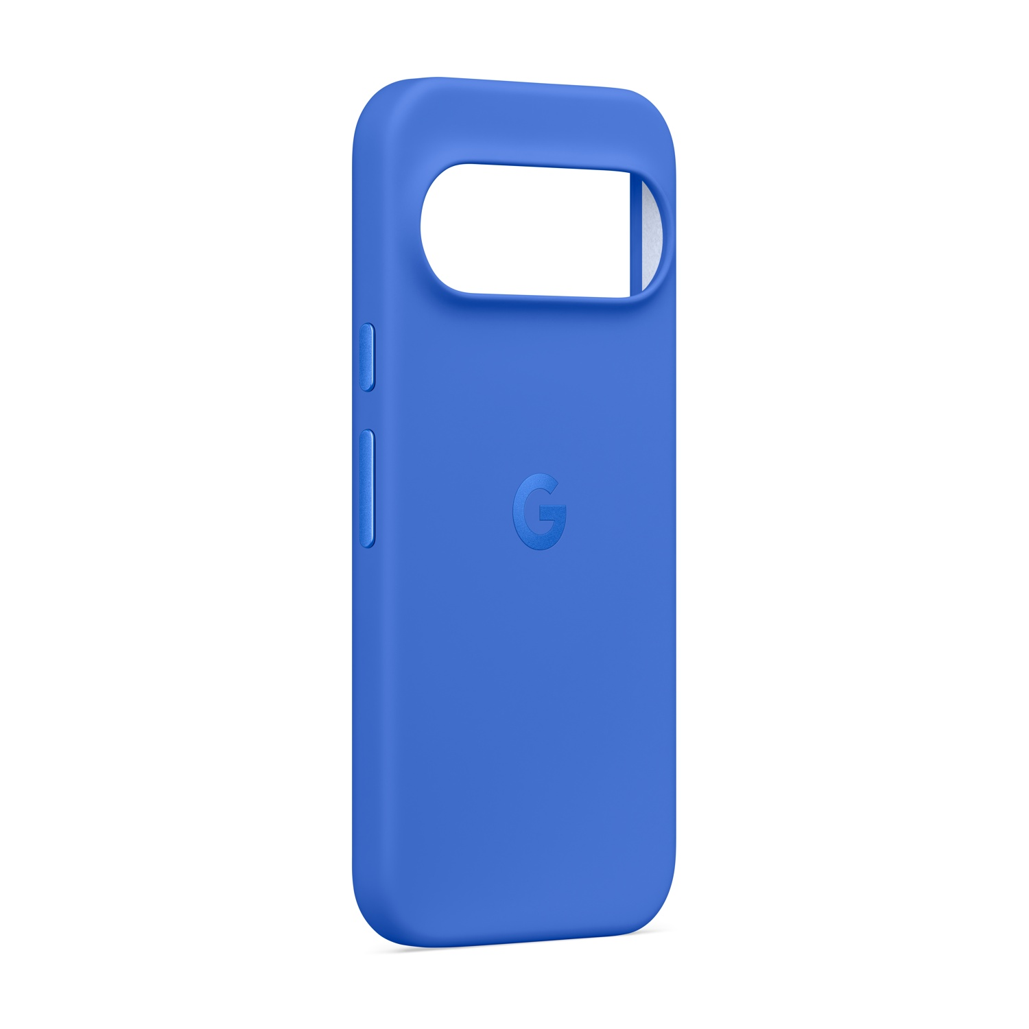 Blaue Handyhülle mit Google-Logo und Kameraausschnitt.