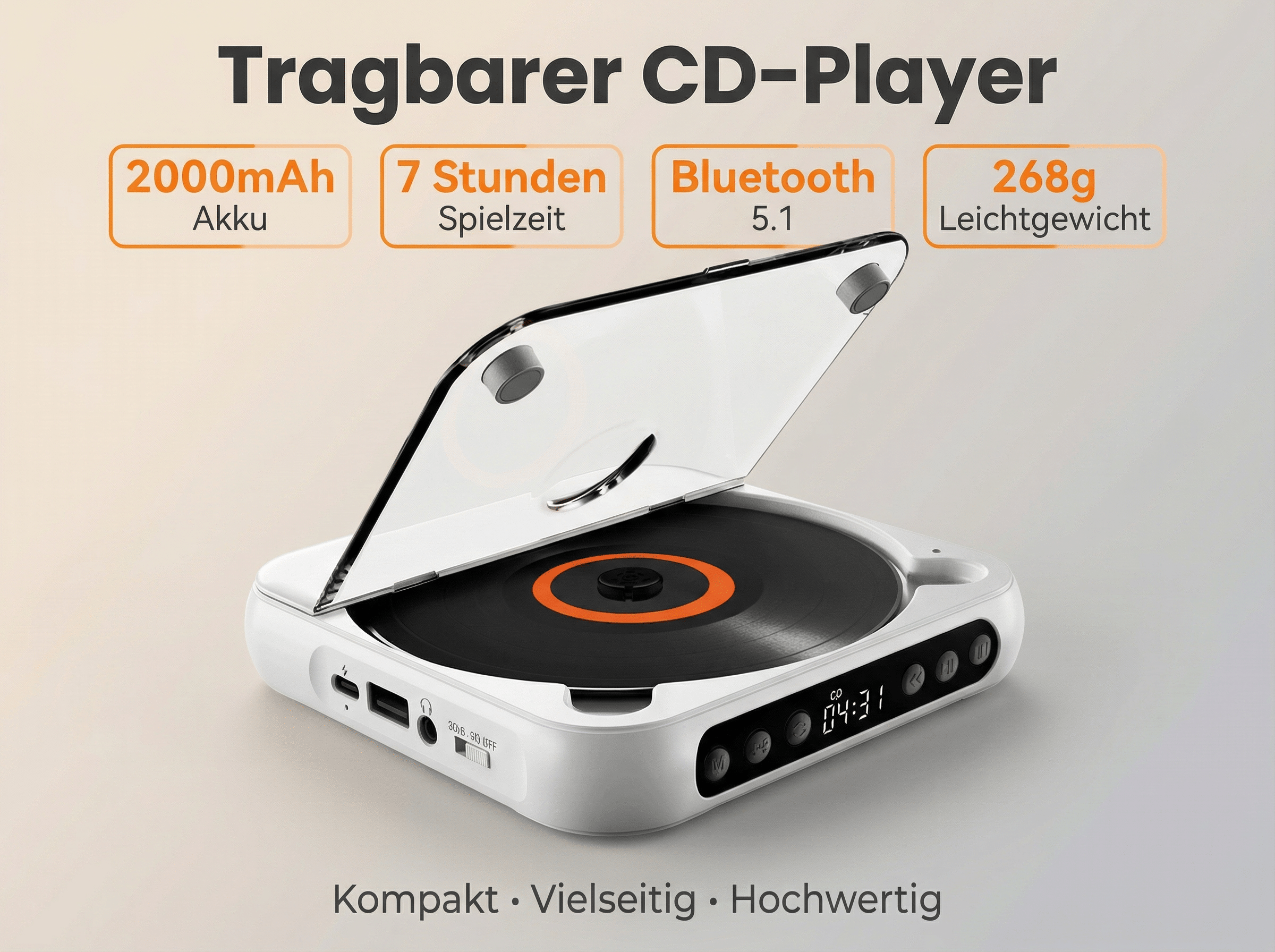Weißer tragbarer CD-Player mit offenem Deckel, CD eingelegt. Auflistung von Merkmalen.